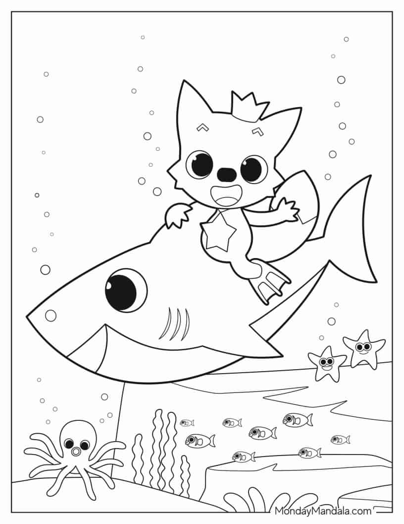 Coloring Sheet Of Pinkfong Riding On Baby Shark coloring page