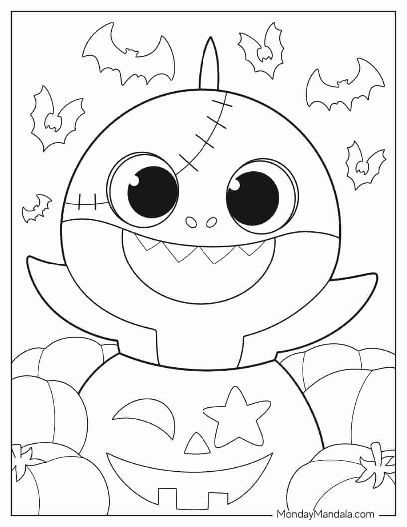 Halloween Baby Shark With Bats And Pumpkins Coloring In coloring page