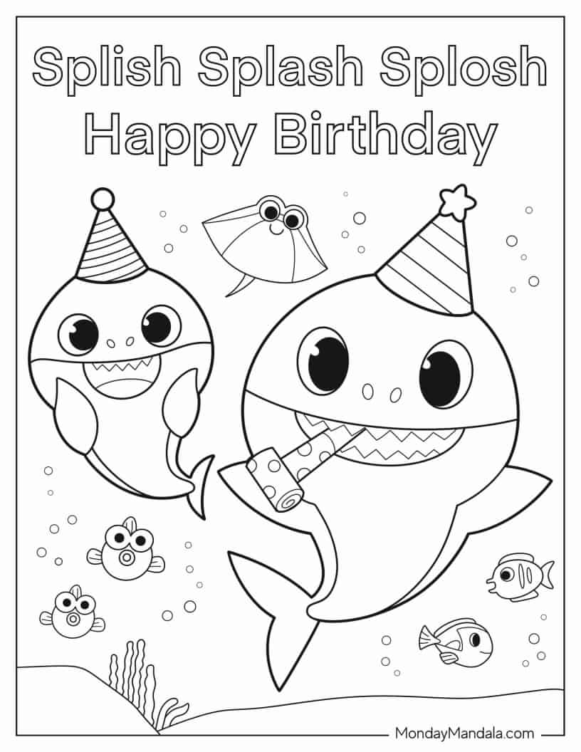 Kawaii Baby Shark Happy Birthday Coloring Page coloring page
