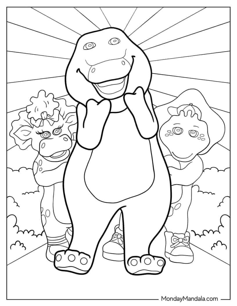 BJ And Baby Bop Hiding Behind Barney coloring page