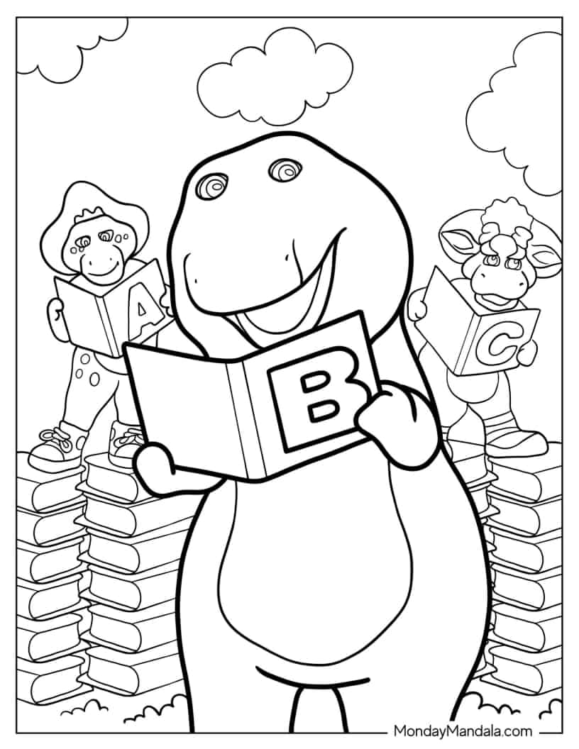 Coloring Page Of Barney, Baby Bop, And BJ Reading coloring page