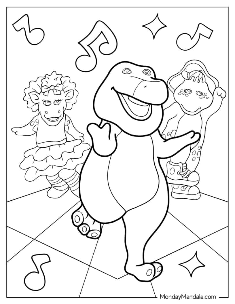 Coloring Sheet Of Barney, Baby Bop, And BJ Singing coloring page