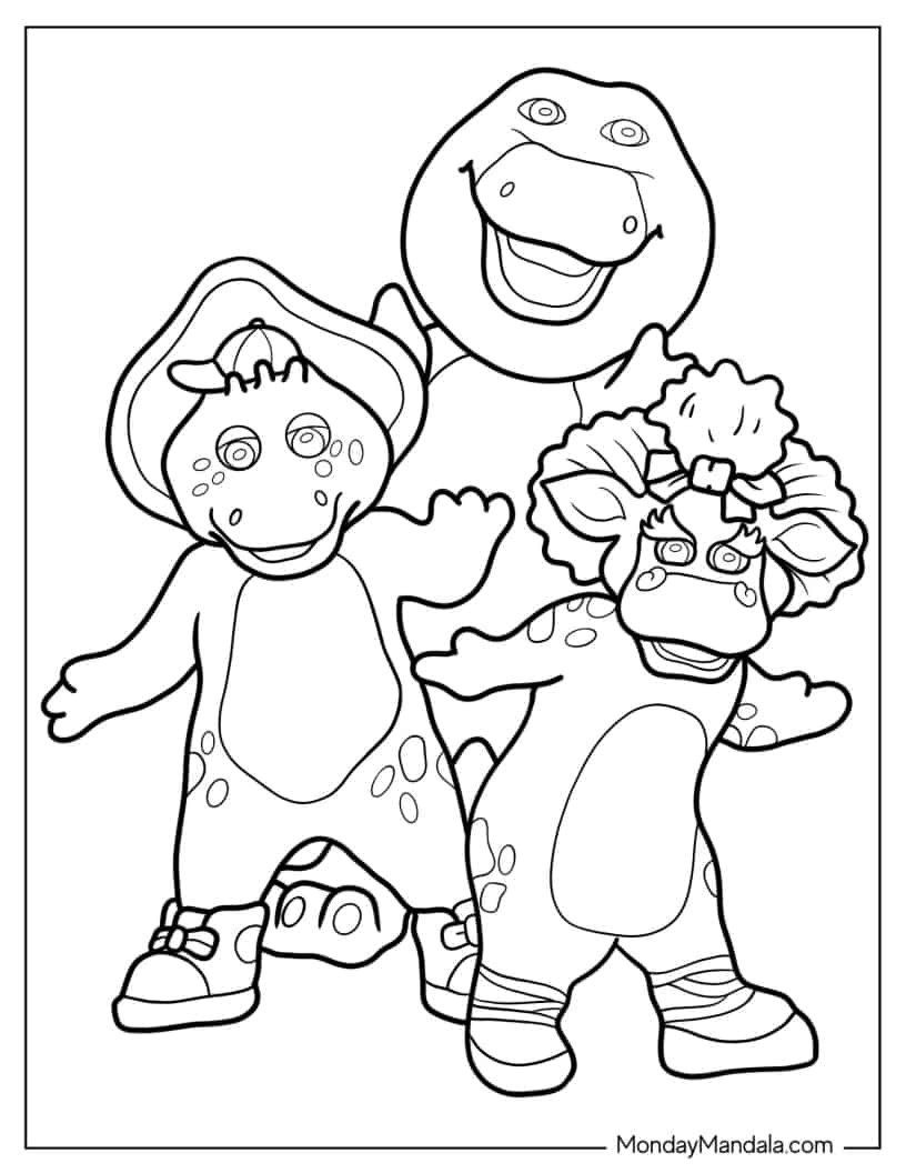 Coloring Sheet Of Barney, BJ, And Baby Bop Doing Cool Pose coloring page