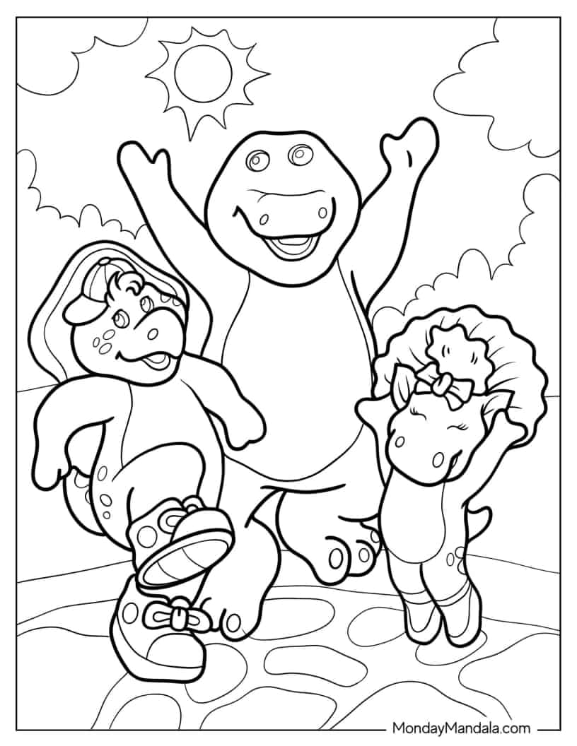 Coloring Sheet Of Barney, BJ, And Baby Bop Under The Sun coloring page
