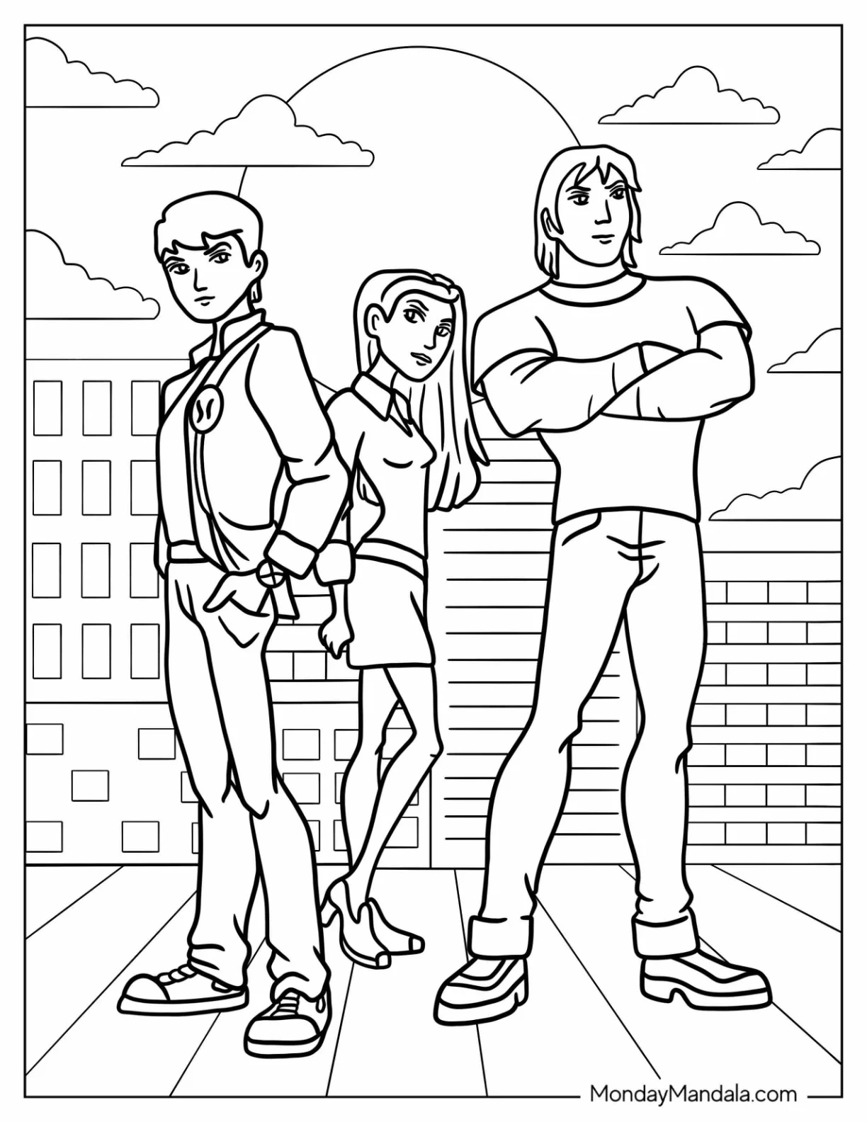 Ben 10 Coloring Page Of Adult Ben Tennyson With Gwen Tennyson And Kevin Levin coloring page