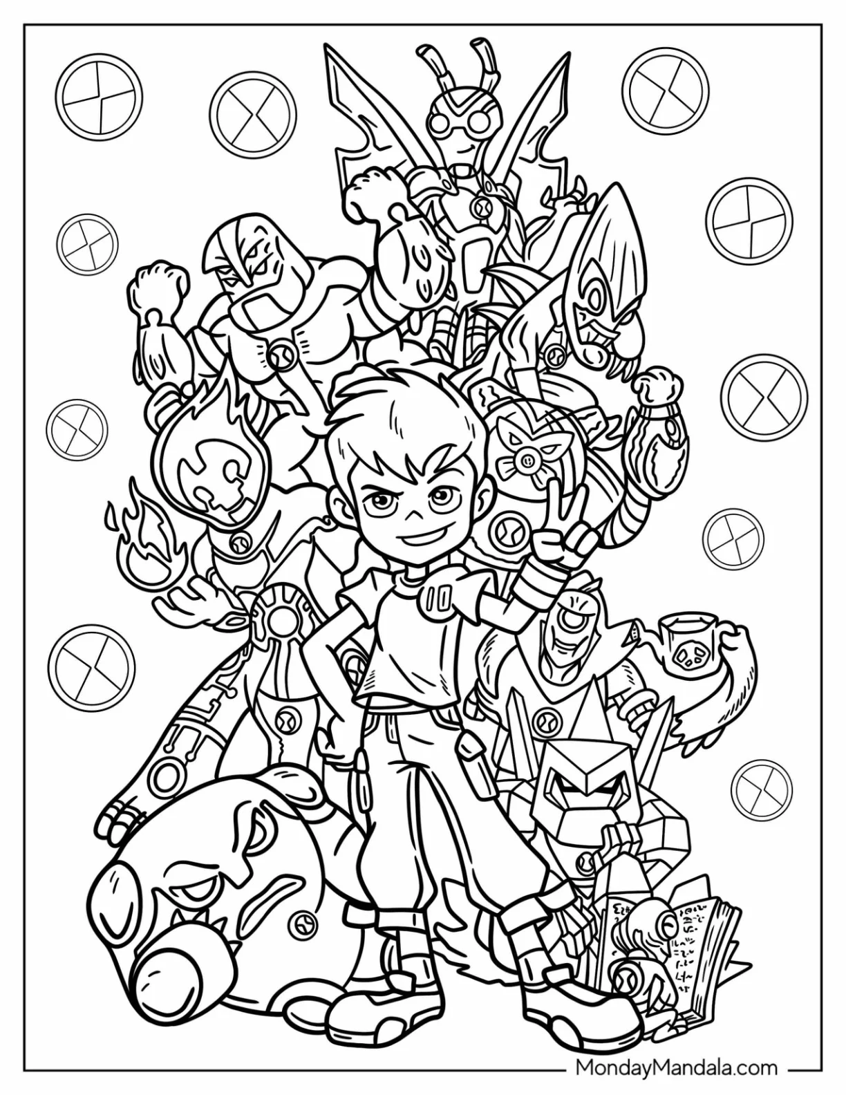 Ben 10 Coloring Page Of Ben Tennyson With All Ten Aliens coloring page