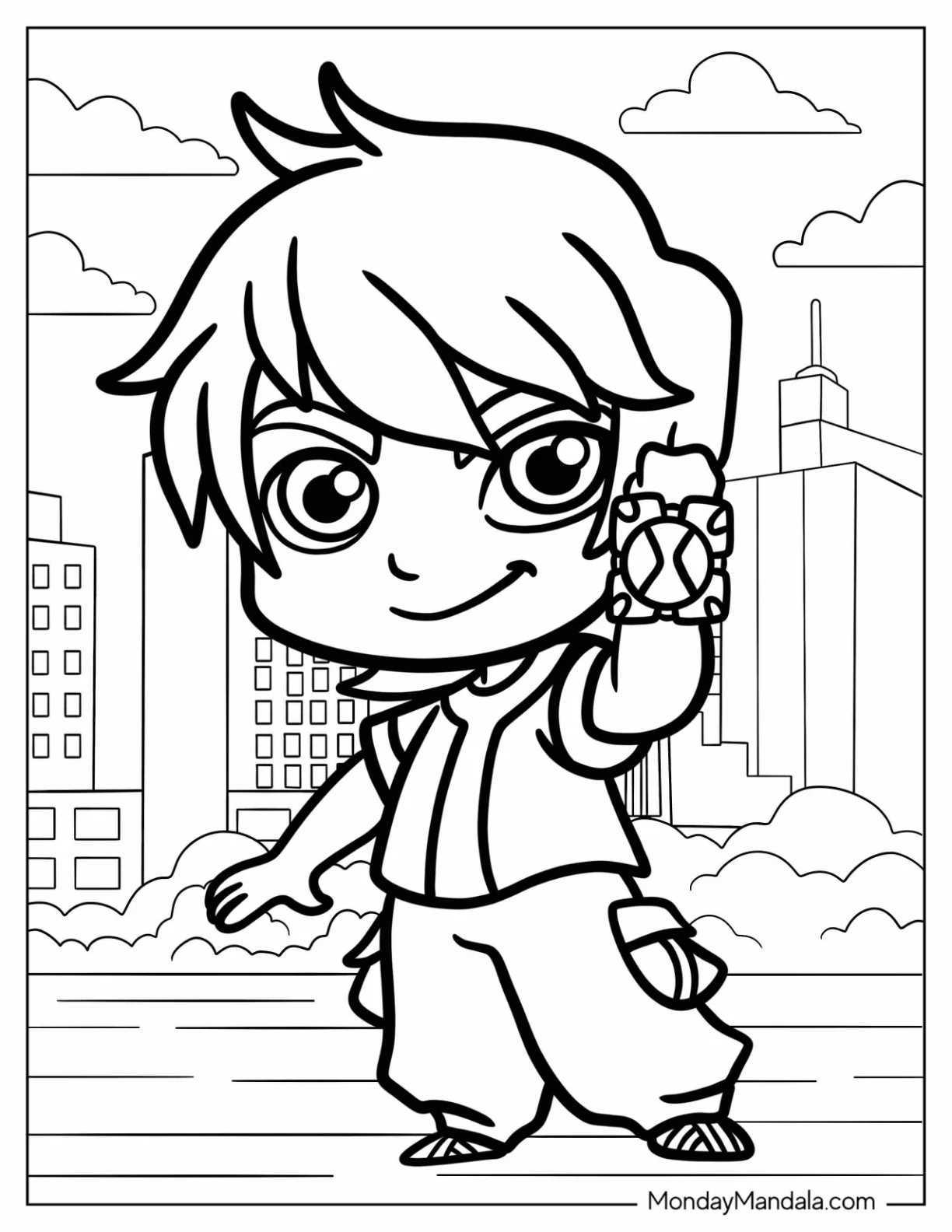 Ben 10 Coloring Page Of Kawaii Ben Ten Holding Up Omnitrix For Preschoolers coloring page