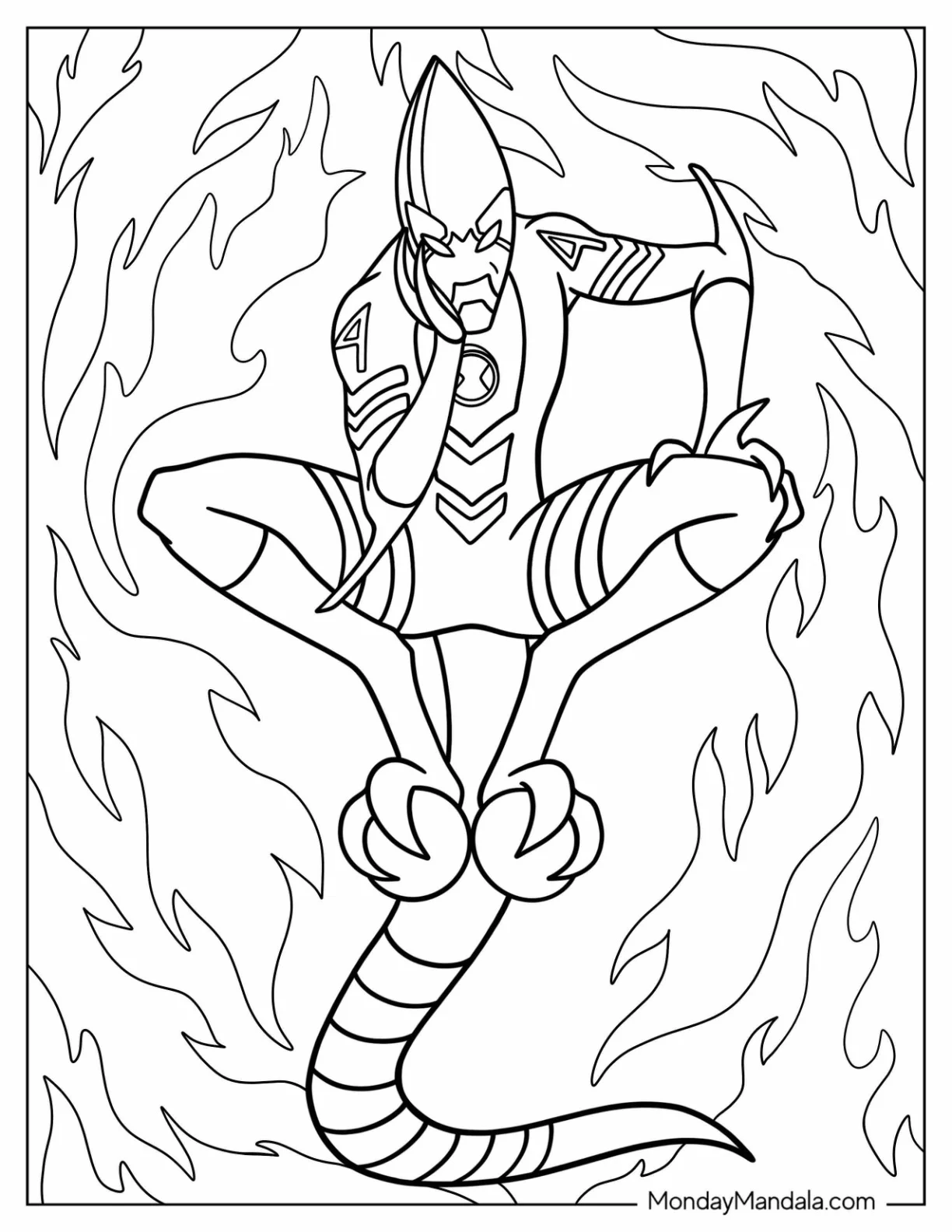Ben 10 Coloring Page Of XLR8 Surrounded By Flames coloring page