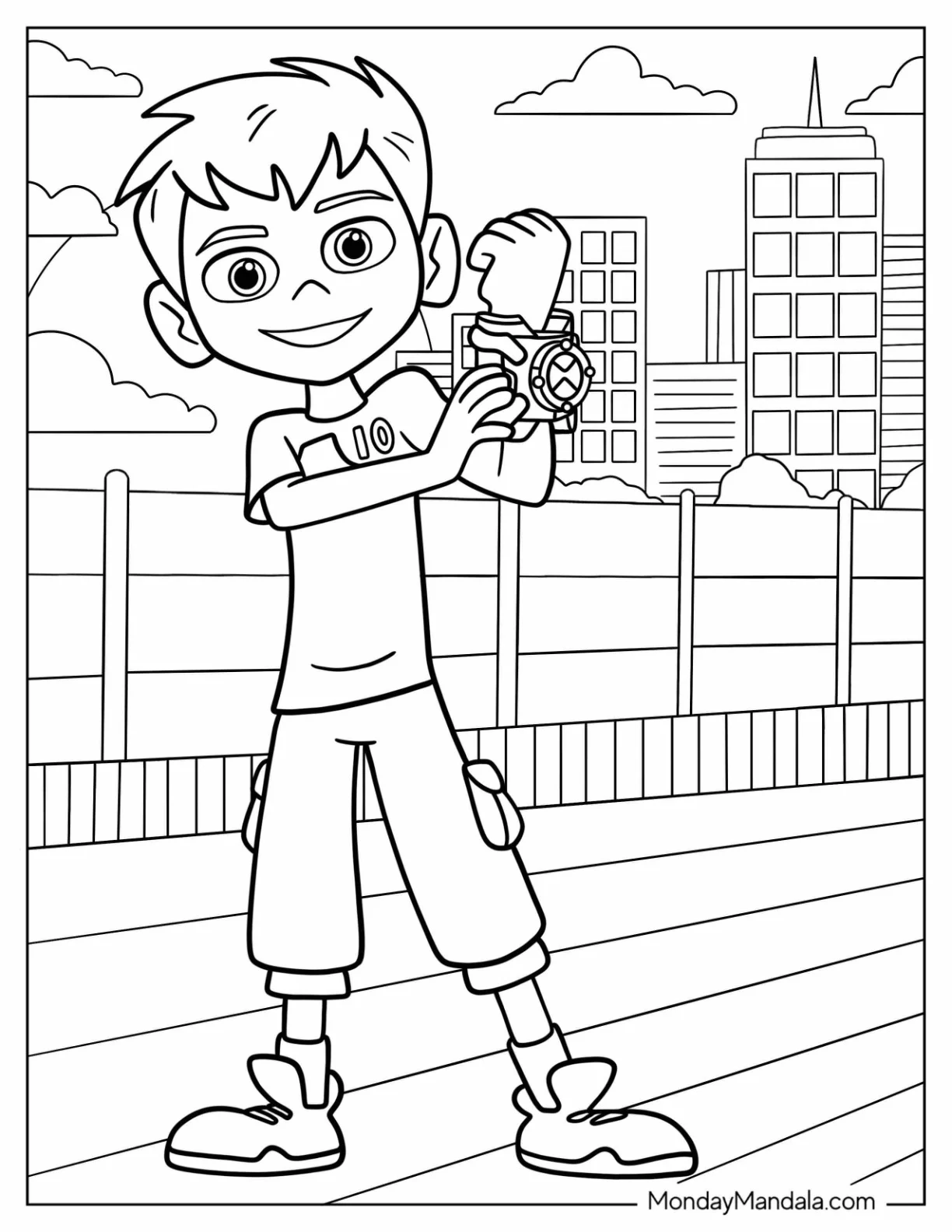 Ben 10 Coloring Page Of Young Ben Tennyson Holding Omnitrix coloring page