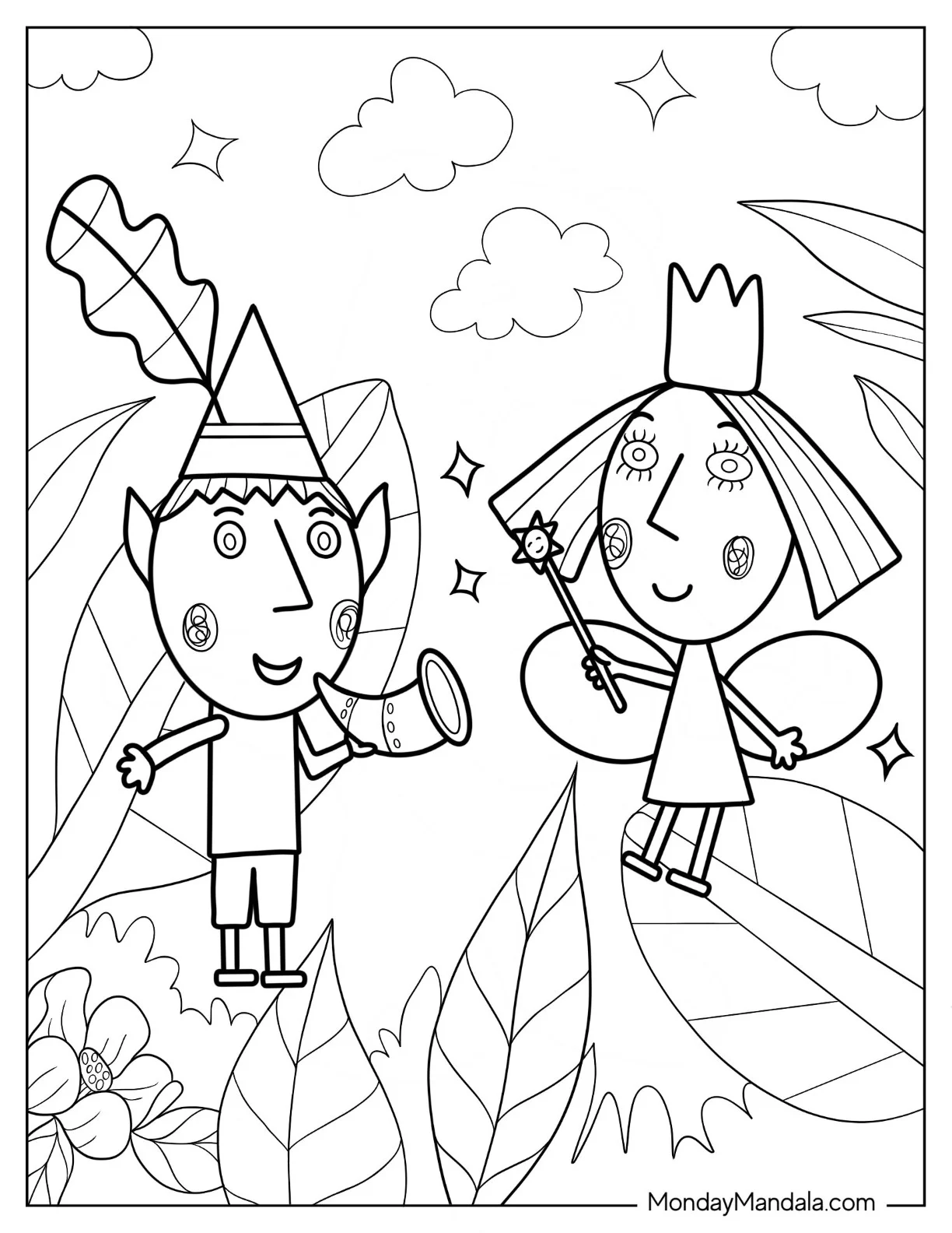 Ben And Holly Coloring Page Flying With Wand And Blowing Horn coloring page