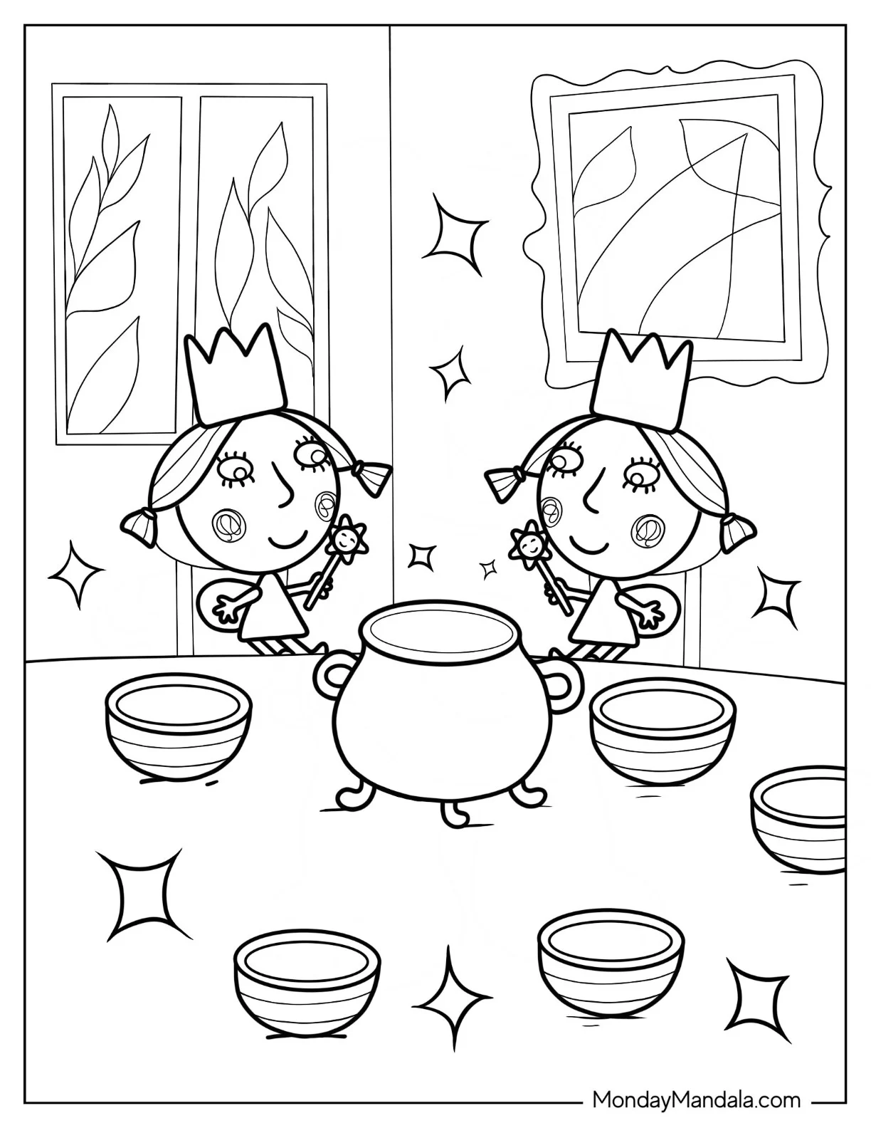 Ben And Holly Coloring Page Of Daisy And Poppy Waving Their Wands coloring page — printable line art