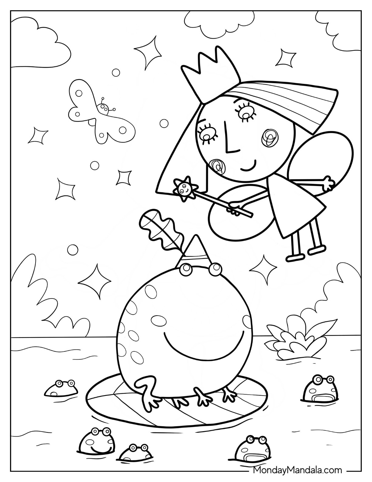 Ben And Holly Coloring Page Of Holly Using Wand On Frog Prince coloring page — printable line art