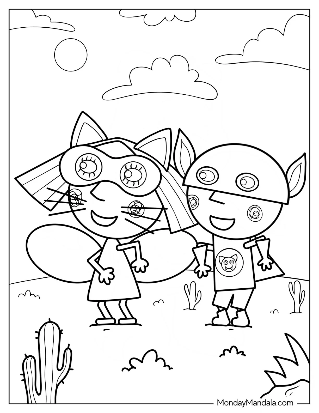 Kawaii Ben And Holly Coloring Page Wearing Masks And Cat Ears For Kids coloring page
