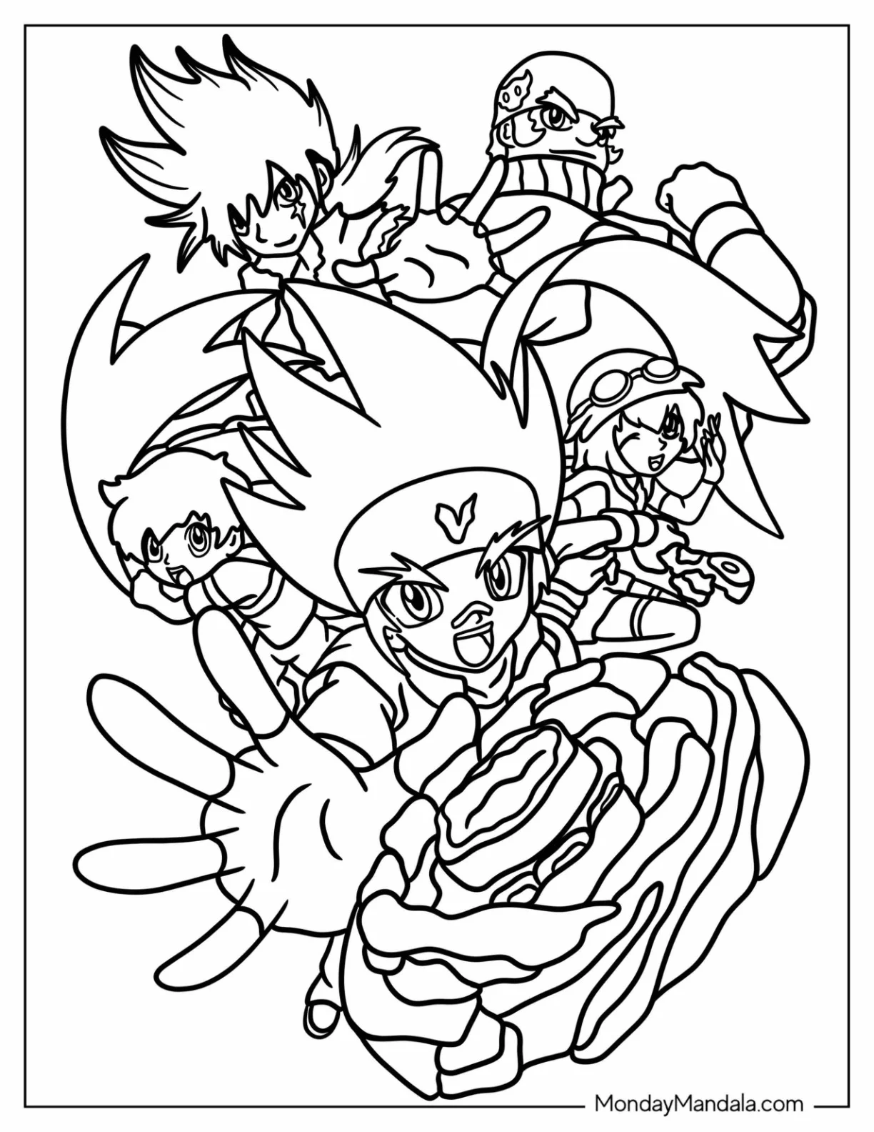 Beyblade Coloring Page Of Metal Fusion Gingka, Kyoya, Kenta, Benkei, And Madoka coloring page — printable line art