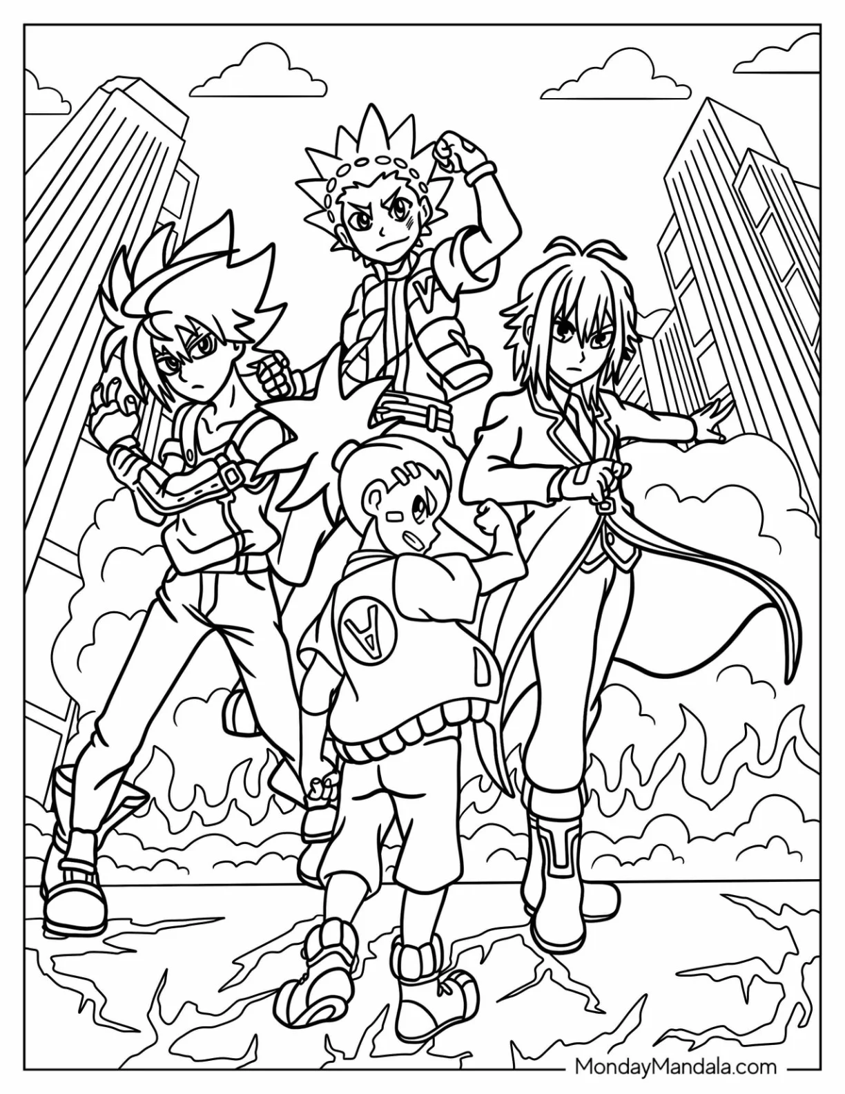 Beyblade Coloring Page Of Valt, Shu, Free, And Aiger coloring page