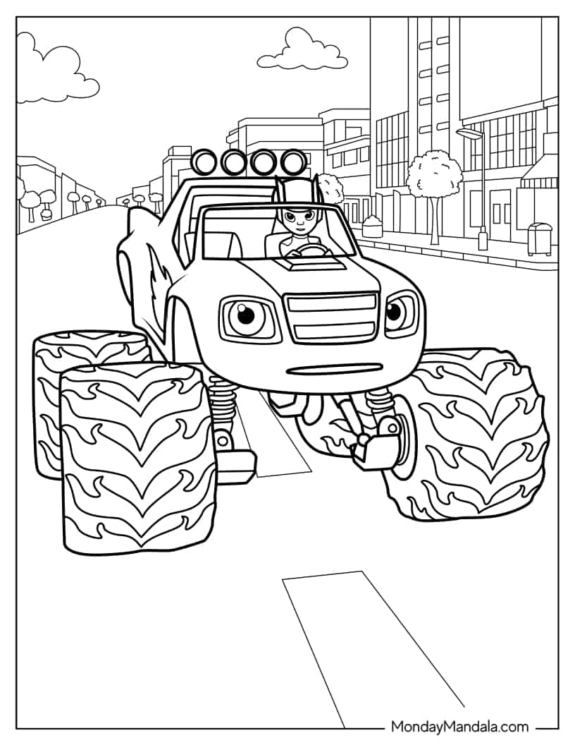 Coloring Page of AJ Driving Blaze in the City coloring page