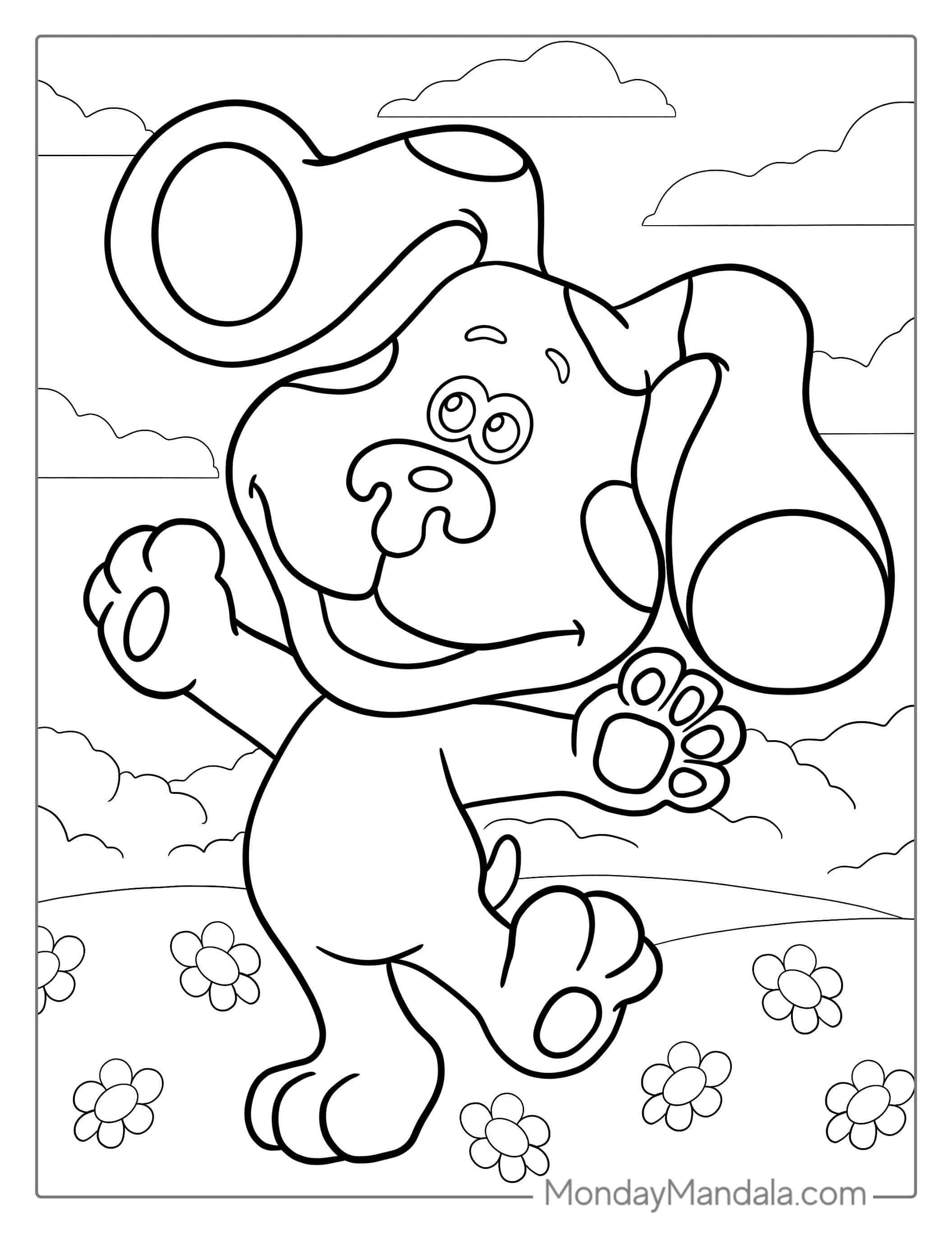 Blue Playing In a Field With Flowers coloring page