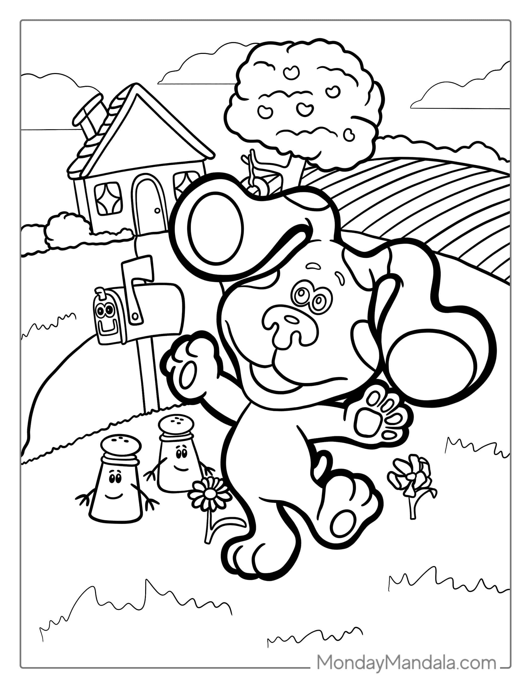 Blue With Mailbox and Mrs Pepper and Mr Salt coloring page — printable line art