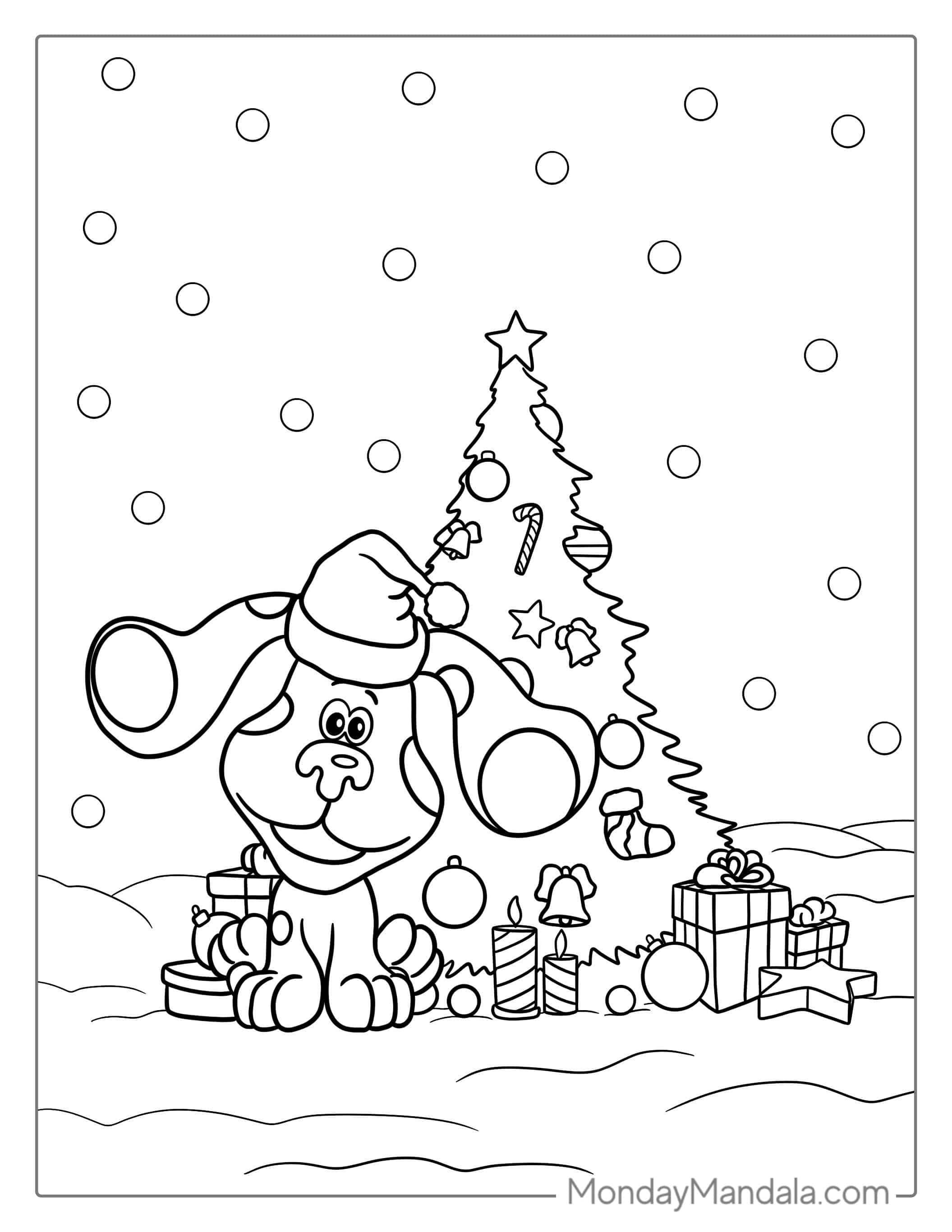 Christmas Blue Wearing Santa Hat Next To Tree To Color coloring page