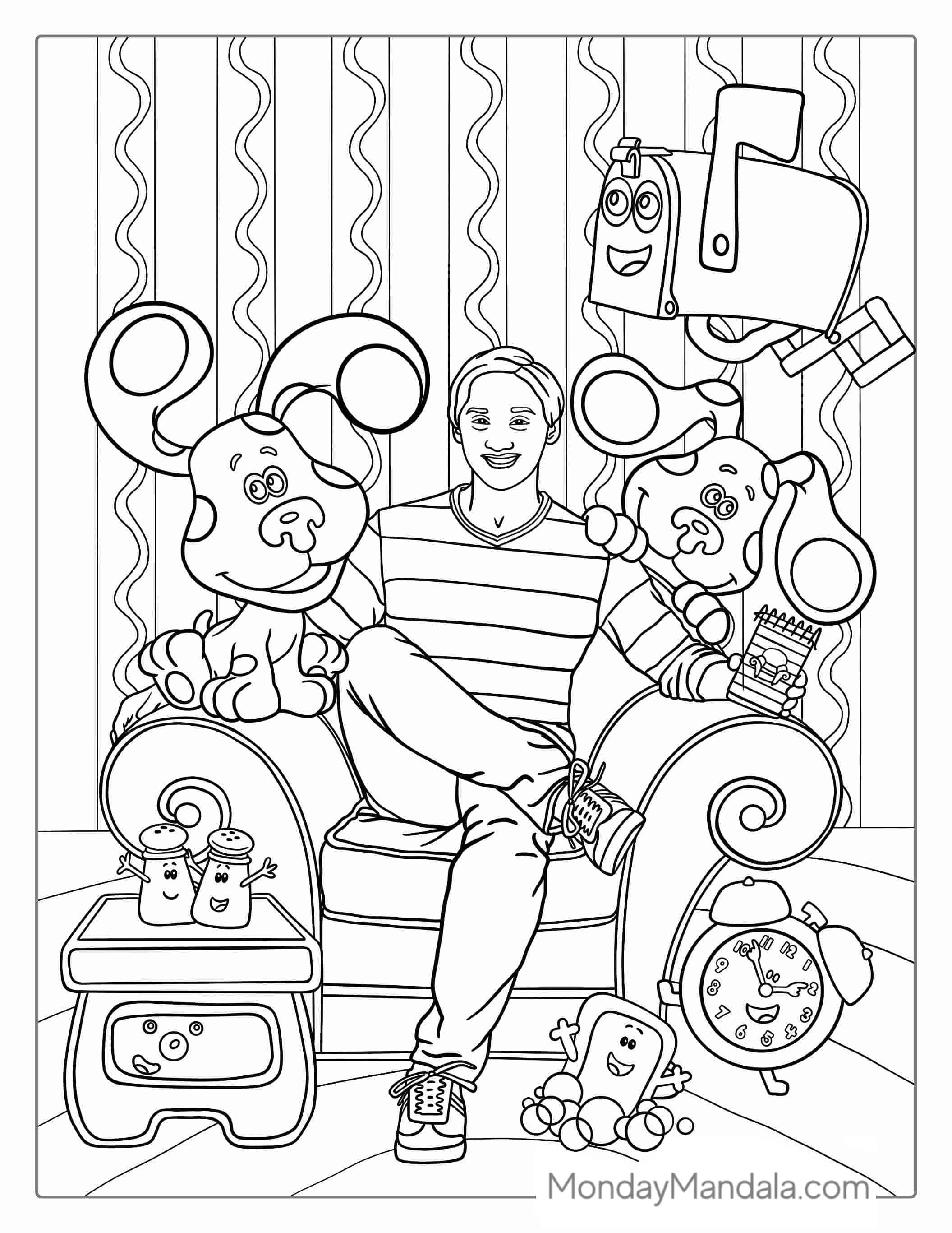 Joshua With All Blue_s Clues Characters To Color coloring page — printable line art