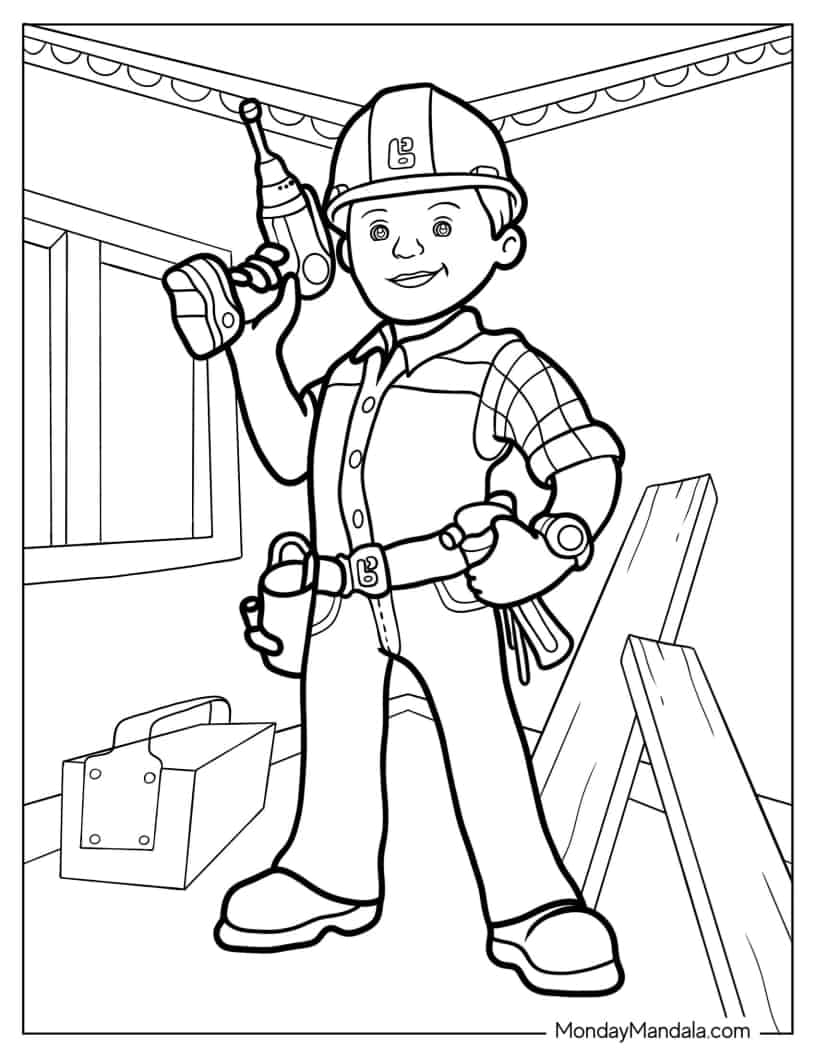 Bob The Builder Holding Cordless Drill Coloring Page coloring page