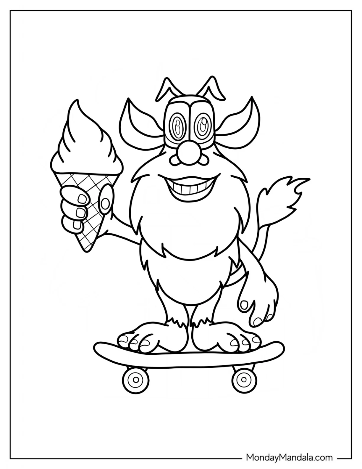 Booba Coloring Page Holding Ice Cream While On A Skateboard coloring page