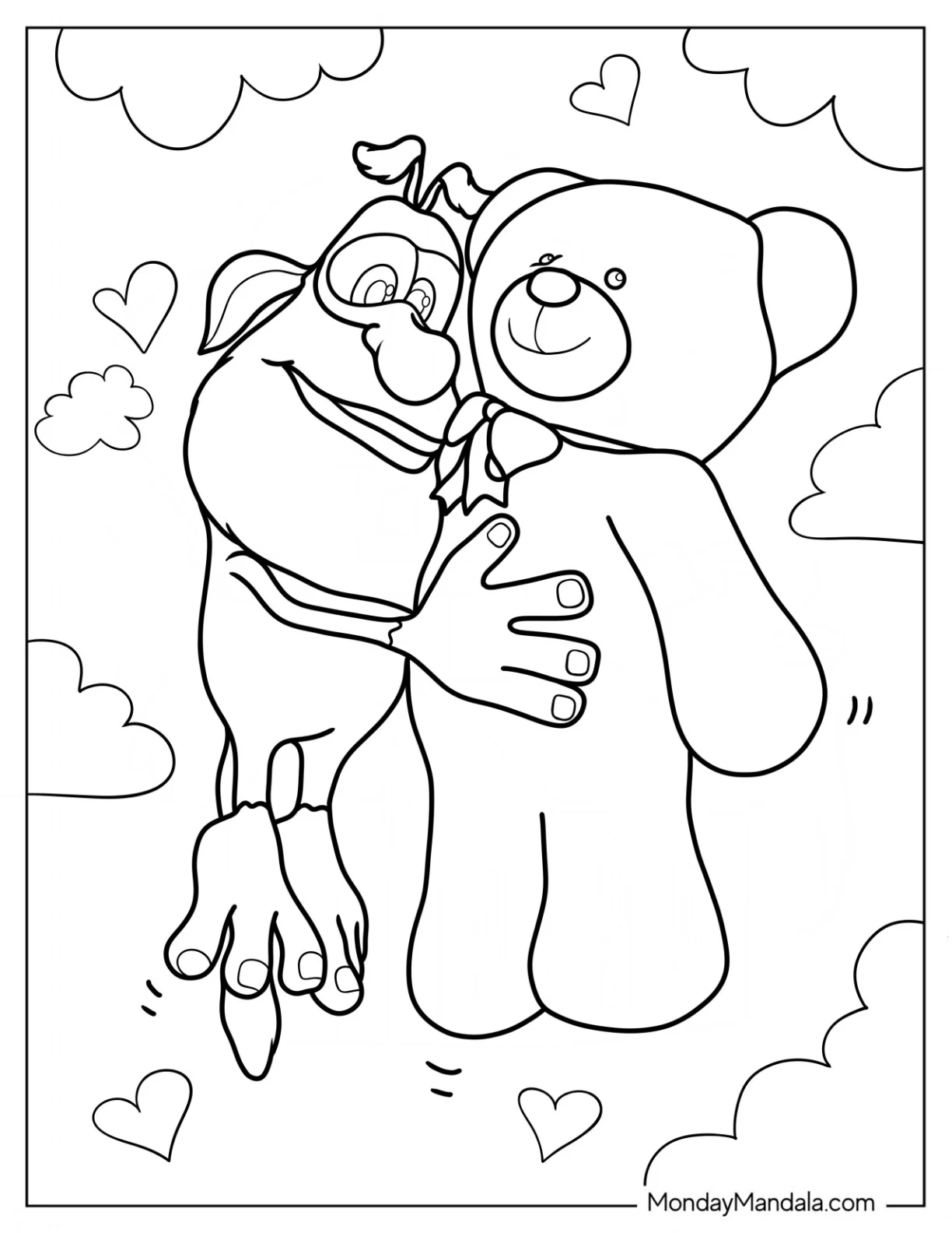 Booba Coloring Page Hugging A Teddy Bear In The Clouds coloring page
