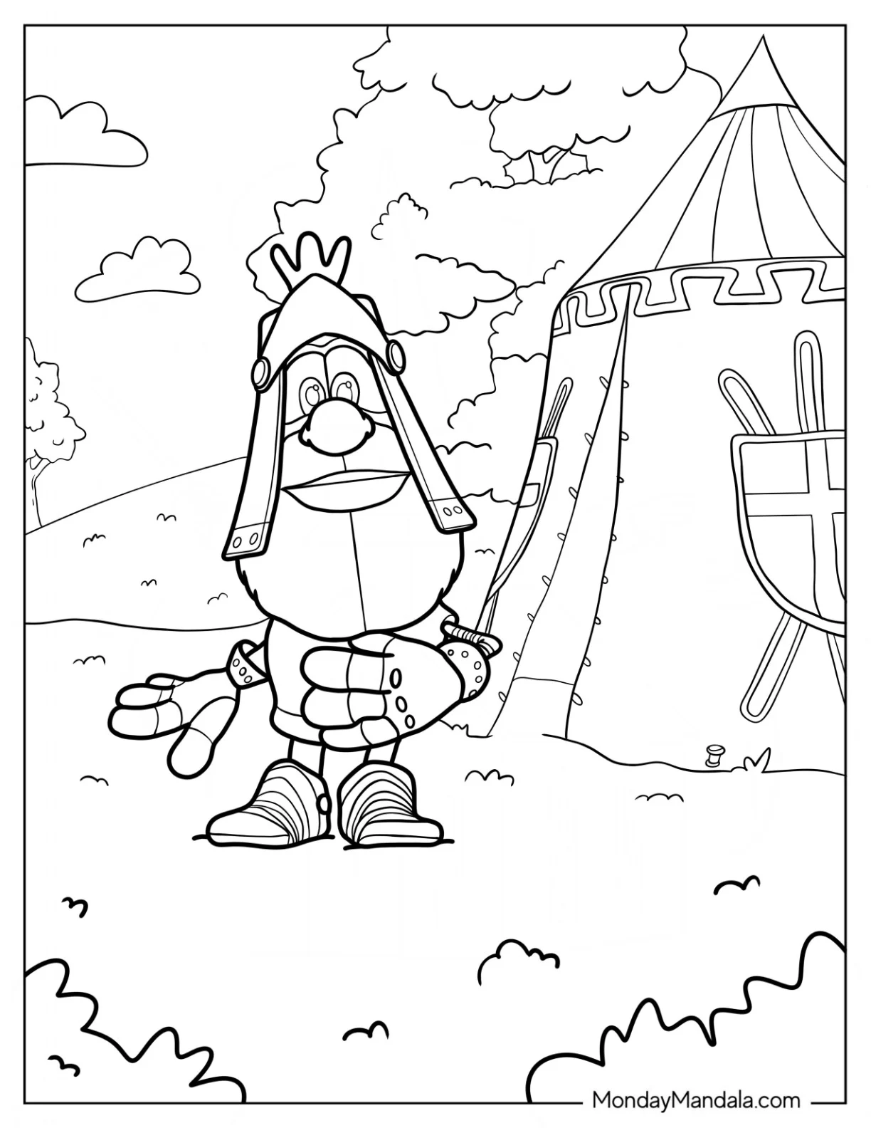 Booba Coloring Page In Knight Armor Outside Of Tent coloring page