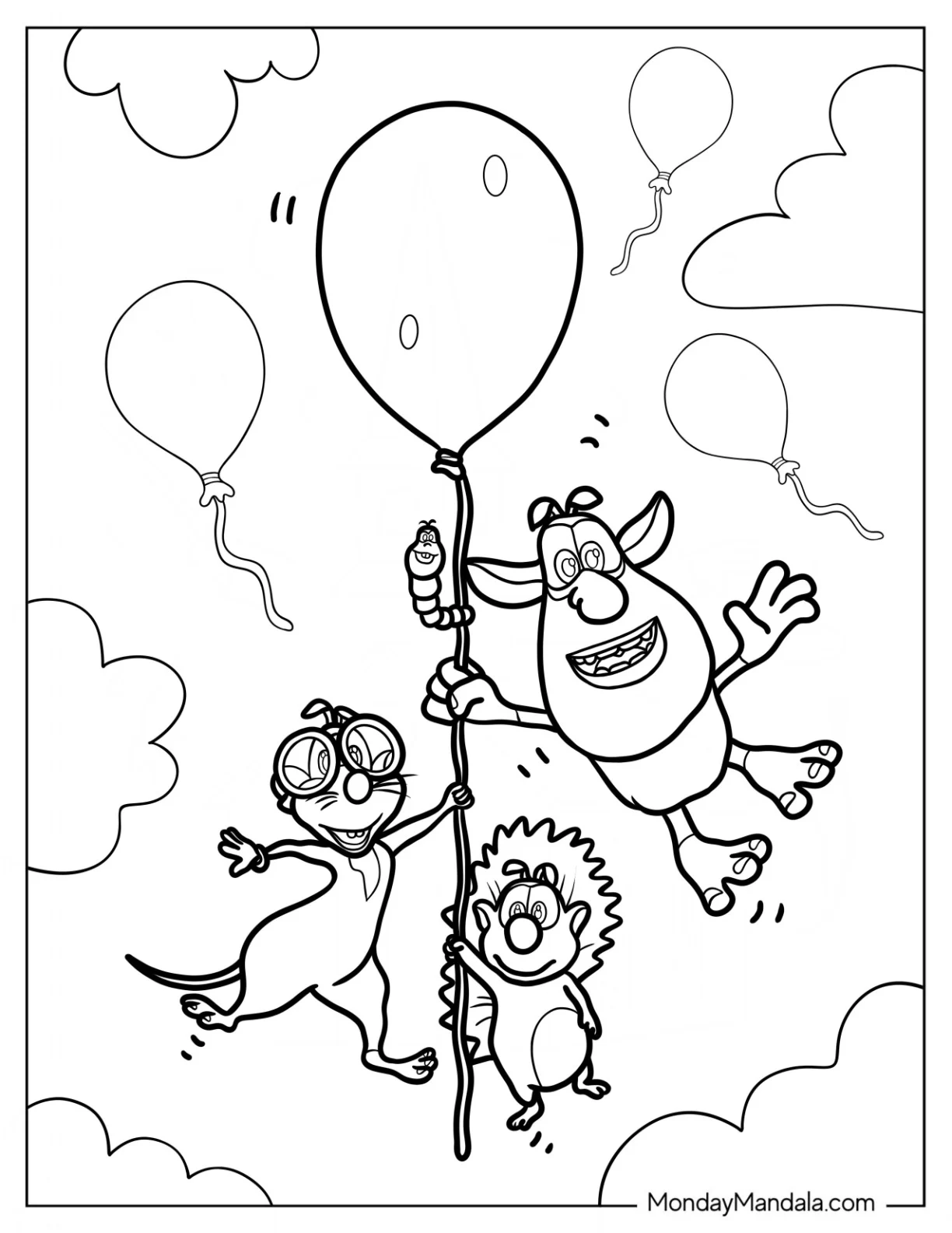 Booba Coloring Page Of Loola, Dooda, And Spike Holding Onto A Balloon In The Sky coloring page