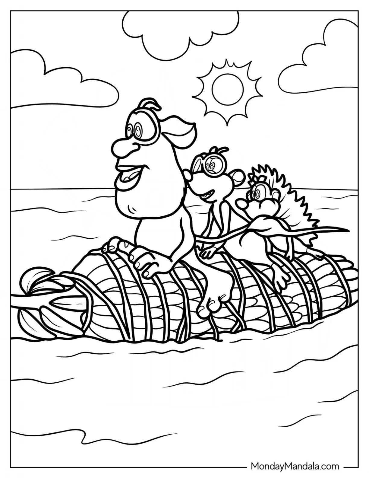 Booba Coloring Page Of Spike, And Loola Riding A Banana Tree On The Sea coloring page