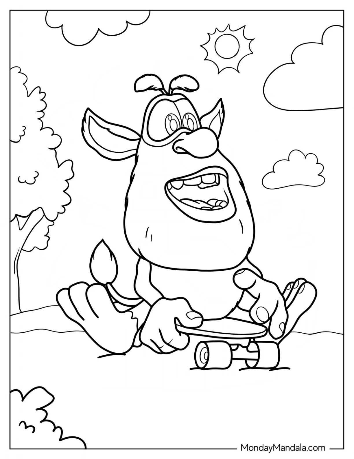 Booba Coloring Page Sitting On A Skateboard coloring page