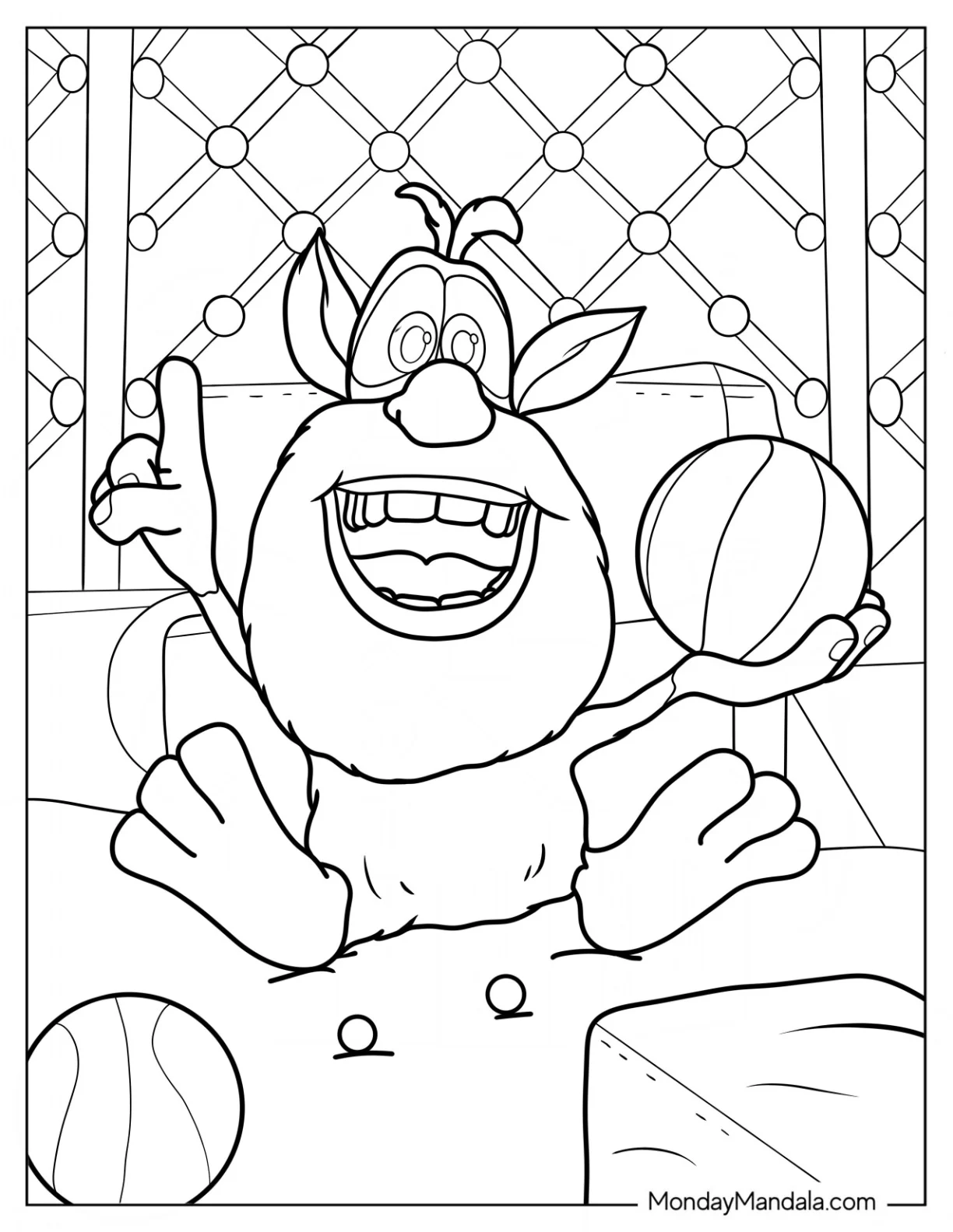 Happy Booba Coloring Page Holding Basketball In Bed coloring page