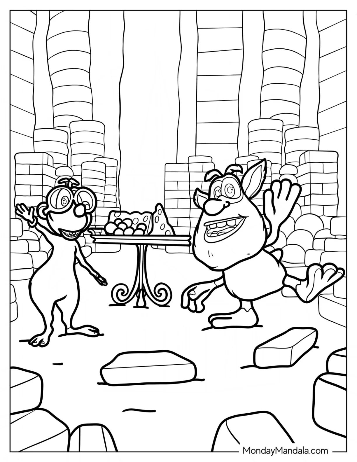 Loola And Booba Coloring Page With Grapes And Cheese On Table coloring page