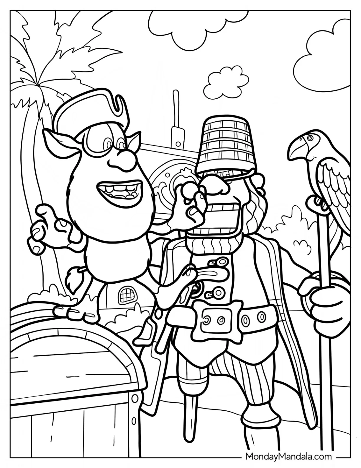 Pirate Booba Coloring Page Standing On Treasure Box coloring page