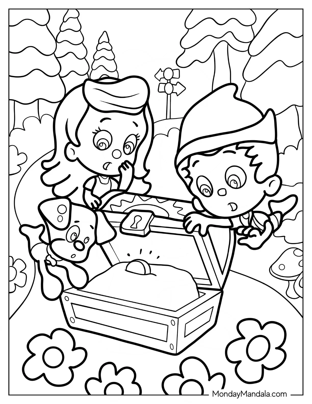 Bubble Guppies Coloring Page Of Gil, Molly, And The Puppy With The Ring coloring page