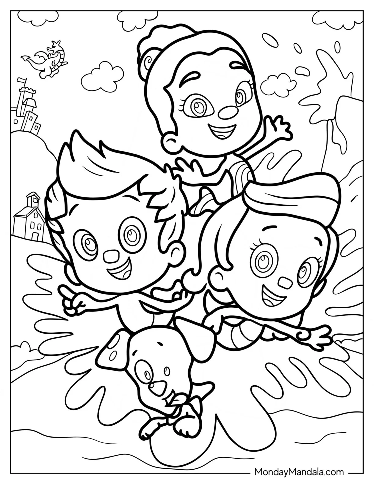 Bubble Guppies Coloring Page Of Gil, Zooli, Molly, And Bubble Puppy Making Splash coloring page