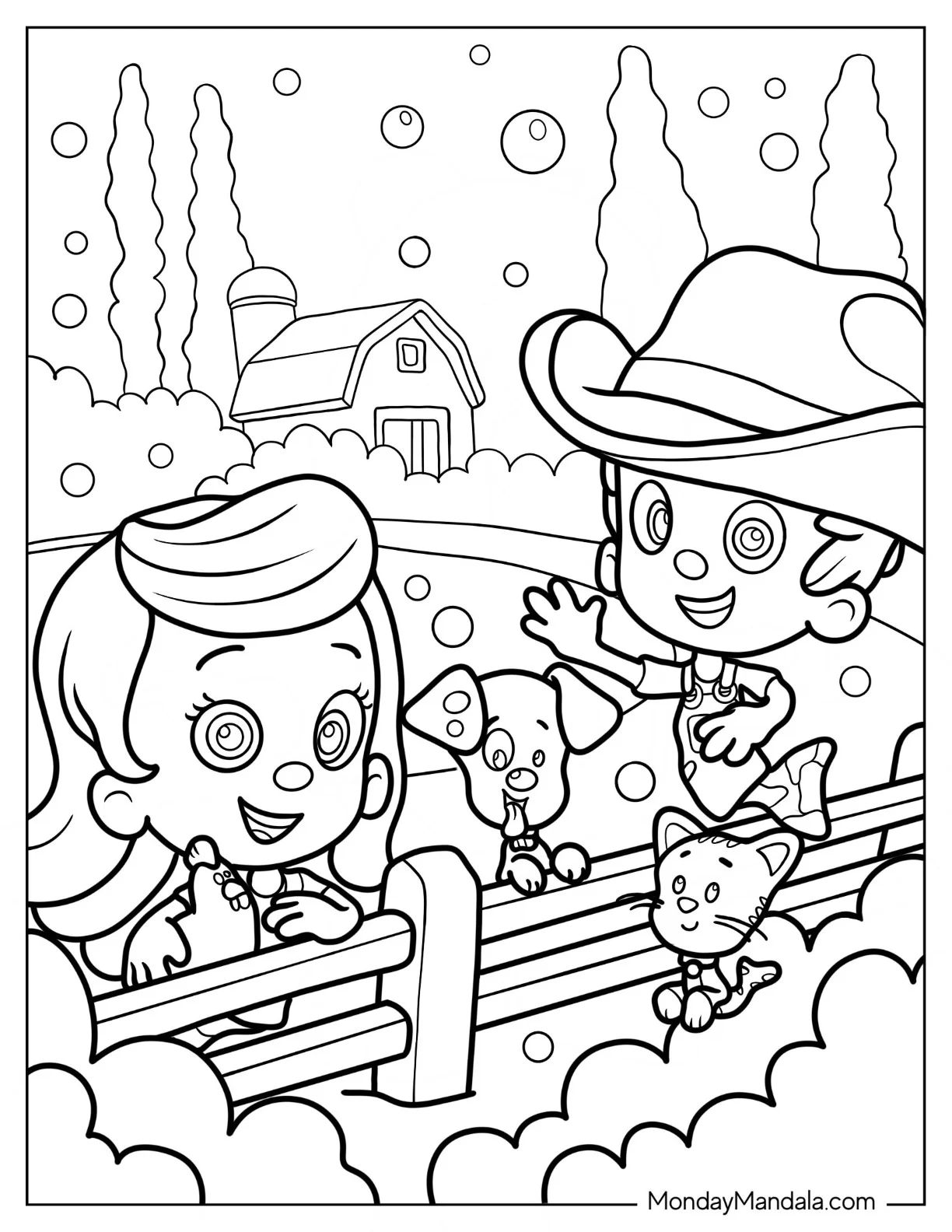 Bubble Guppies Coloring Page Of Molly And Gil Go To Farm coloring page — printable line art