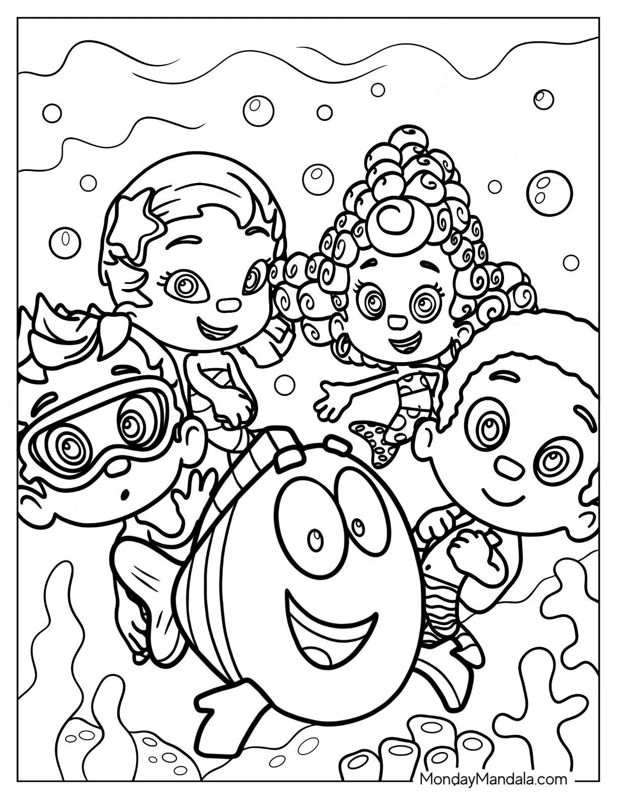 Bubble Guppies Coloring Page Of Oona, Deema, Nonny, Goby, And Mr. Grouper coloring page