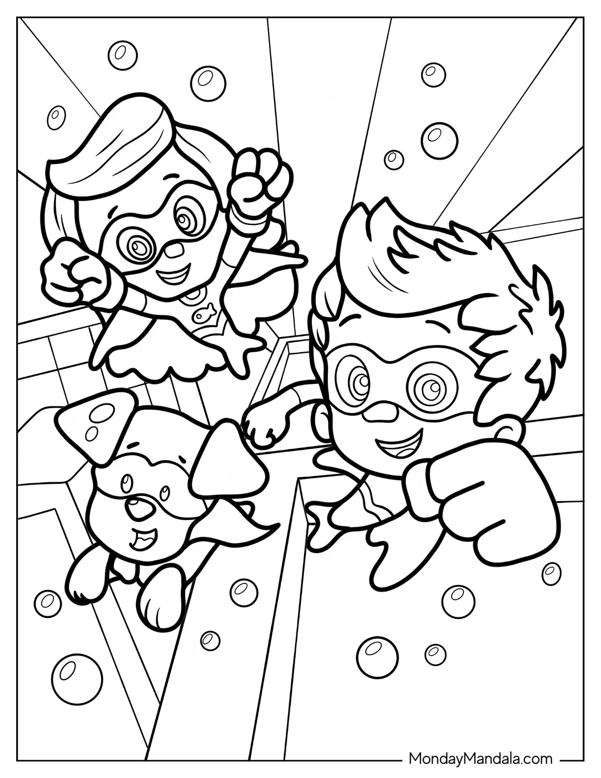 Bubble Guppies Coloring Page Of Superhero Molly, Gil, And Bubble Puppy coloring page