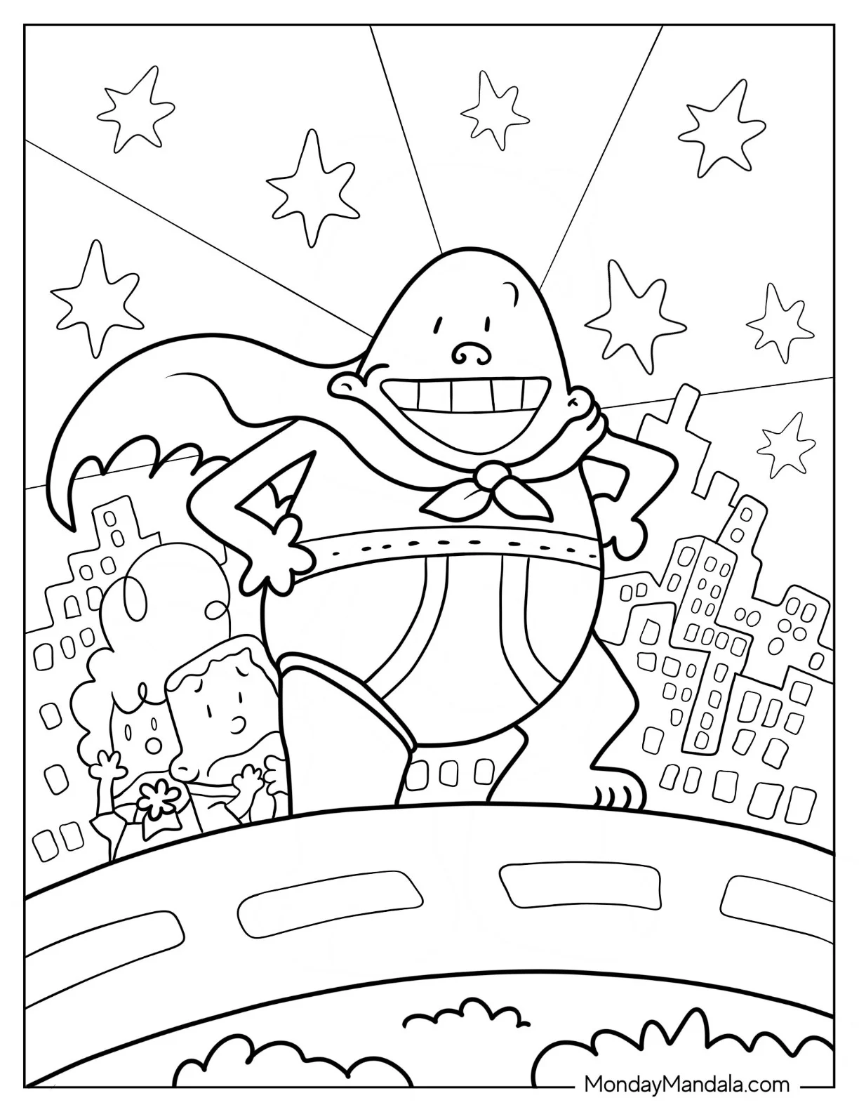 George And Harold Looking Worried Behind A Smiling Captain Underpants Coloring Page coloring page