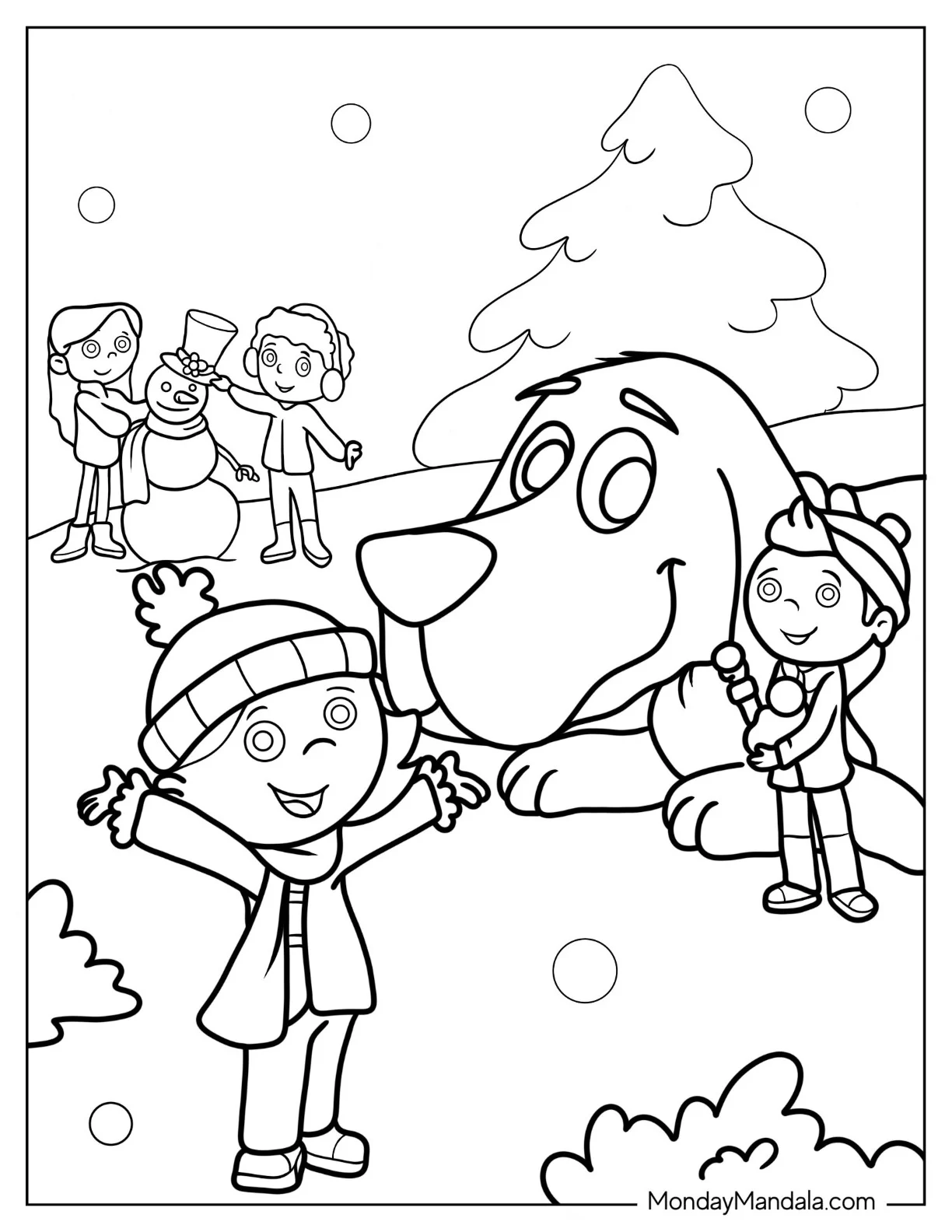 Children Celebrating Christmas With Clifford Coloring In coloring page — printable line art