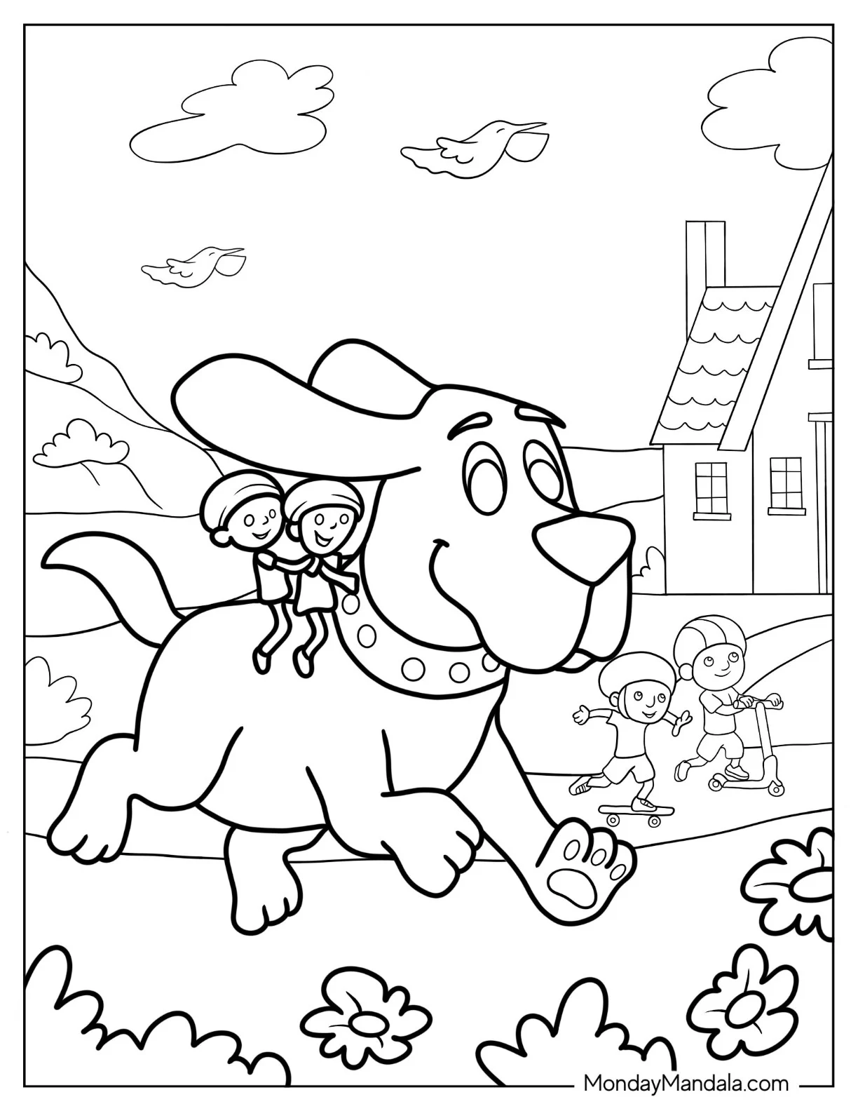 Children Riding On Clifford s Back coloring page — printable line art