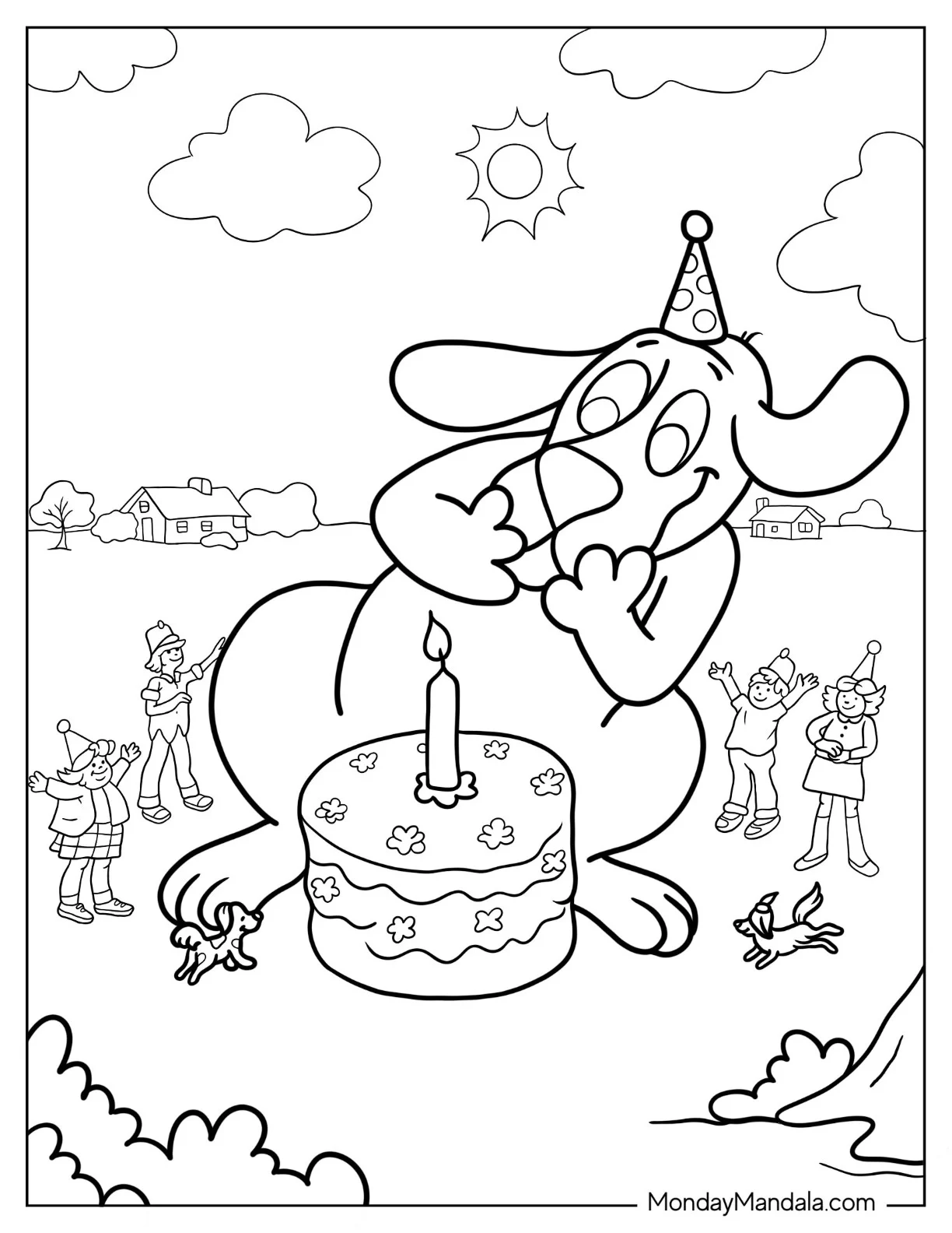 Clifford With Birthday Cake Coloring In For Kids coloring page — printable line art