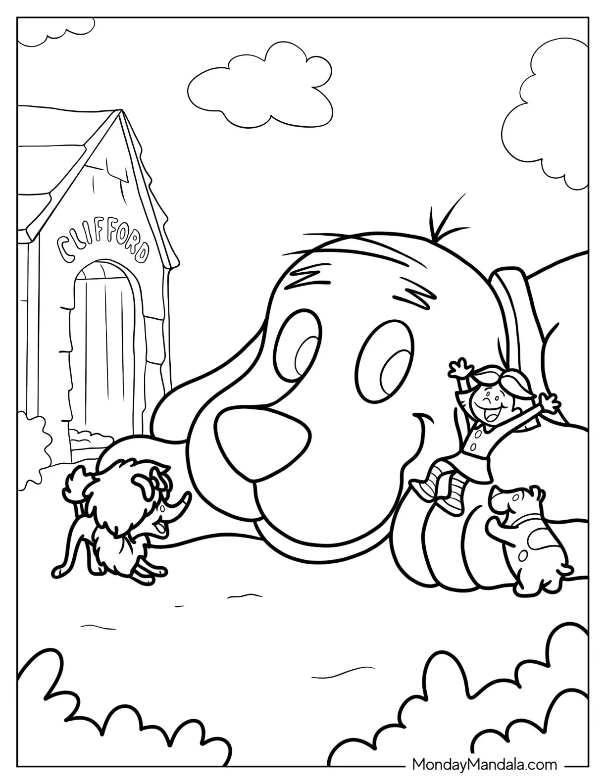 Coloring Sheet Of Clifford And Friends In Front Of Dog House coloring page