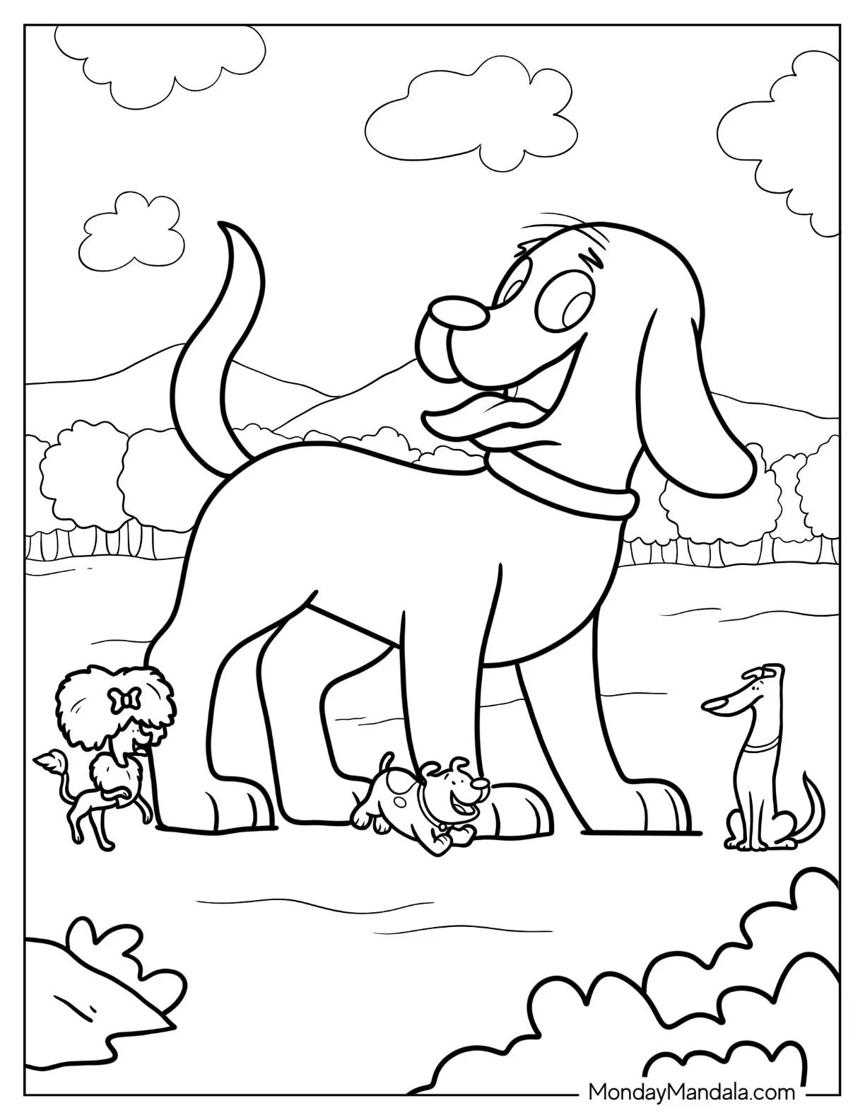 Coloring Sheet Of Clifford, Cleo, T Bone, And Mac For Preschoolers coloring page — printable line art