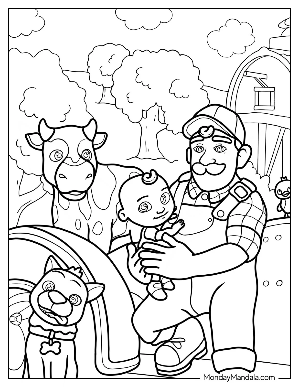 CoComelon Coloring Page of Grandpa With JJ And Bingo In Farm coloring page