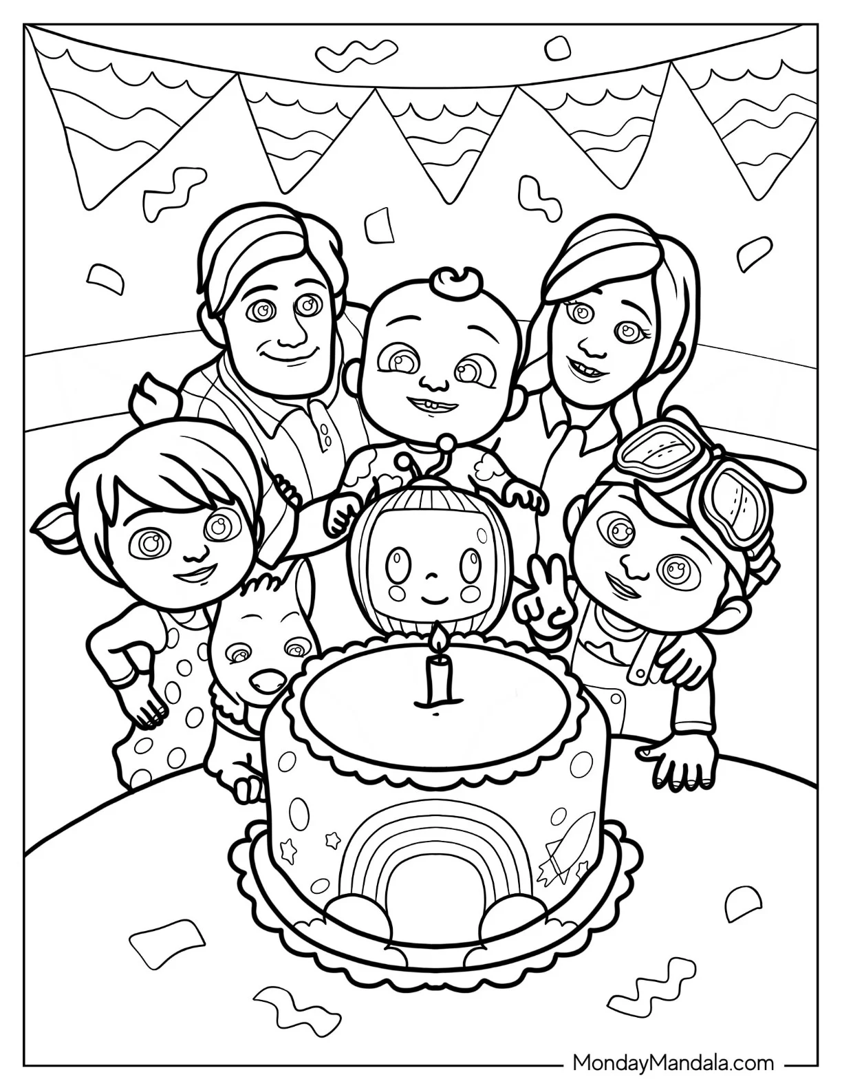 CoComelon Coloring Page of JJ Birthday Party With Family coloring page