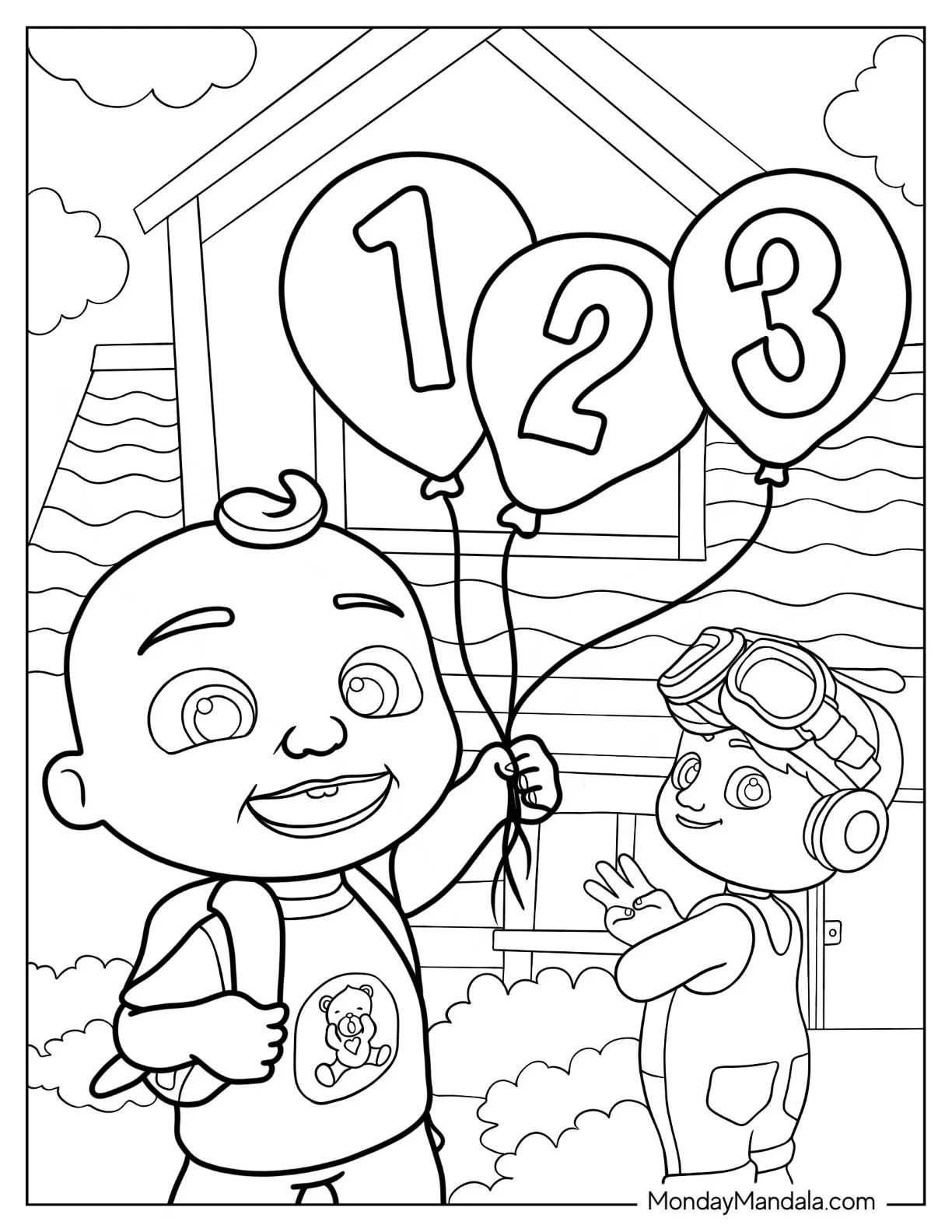 CoComelon Coloring Page of JJ Holding Numbered Balloons coloring page