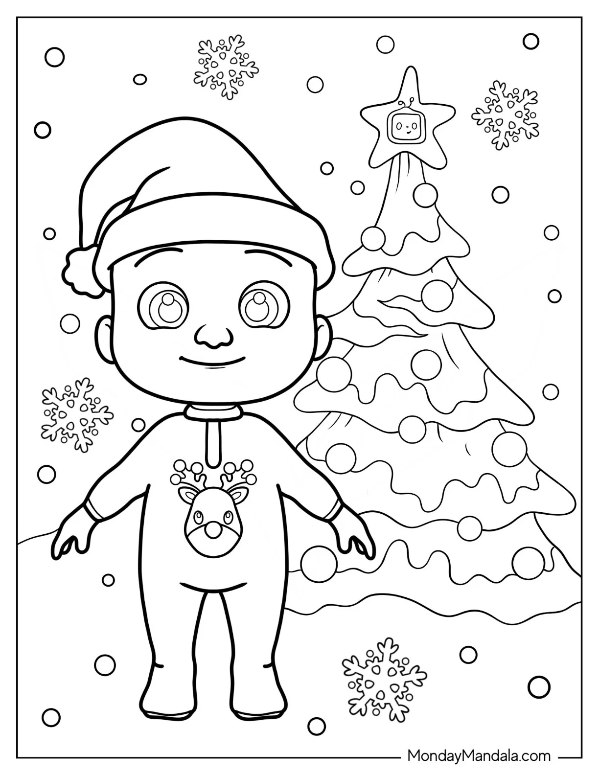 CoComelon Coloring Page of JJ In Front Of Christmas Tree coloring page