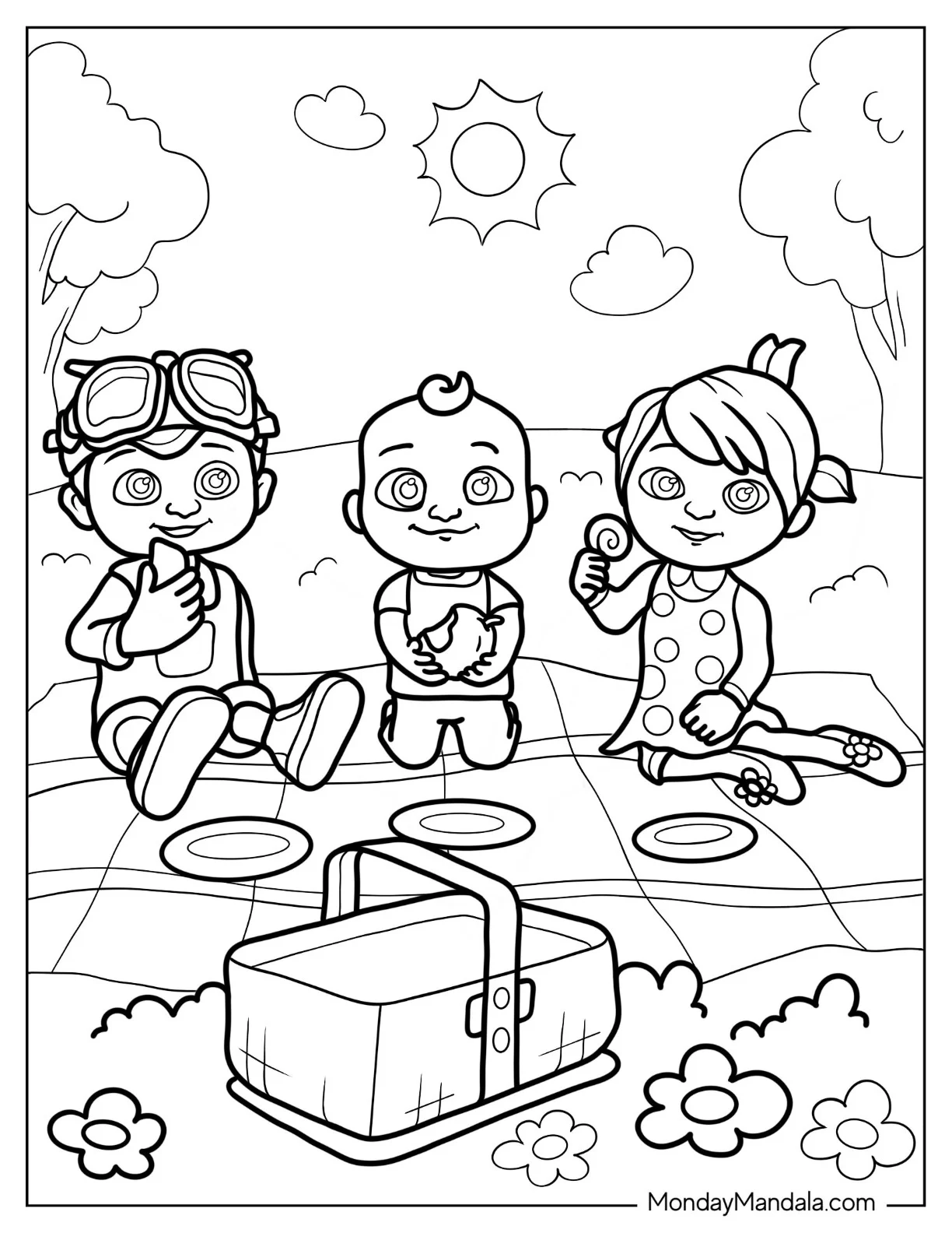 CoComelon Coloring Page of JJ, TomTom, and Yoyo In Picnic coloring page